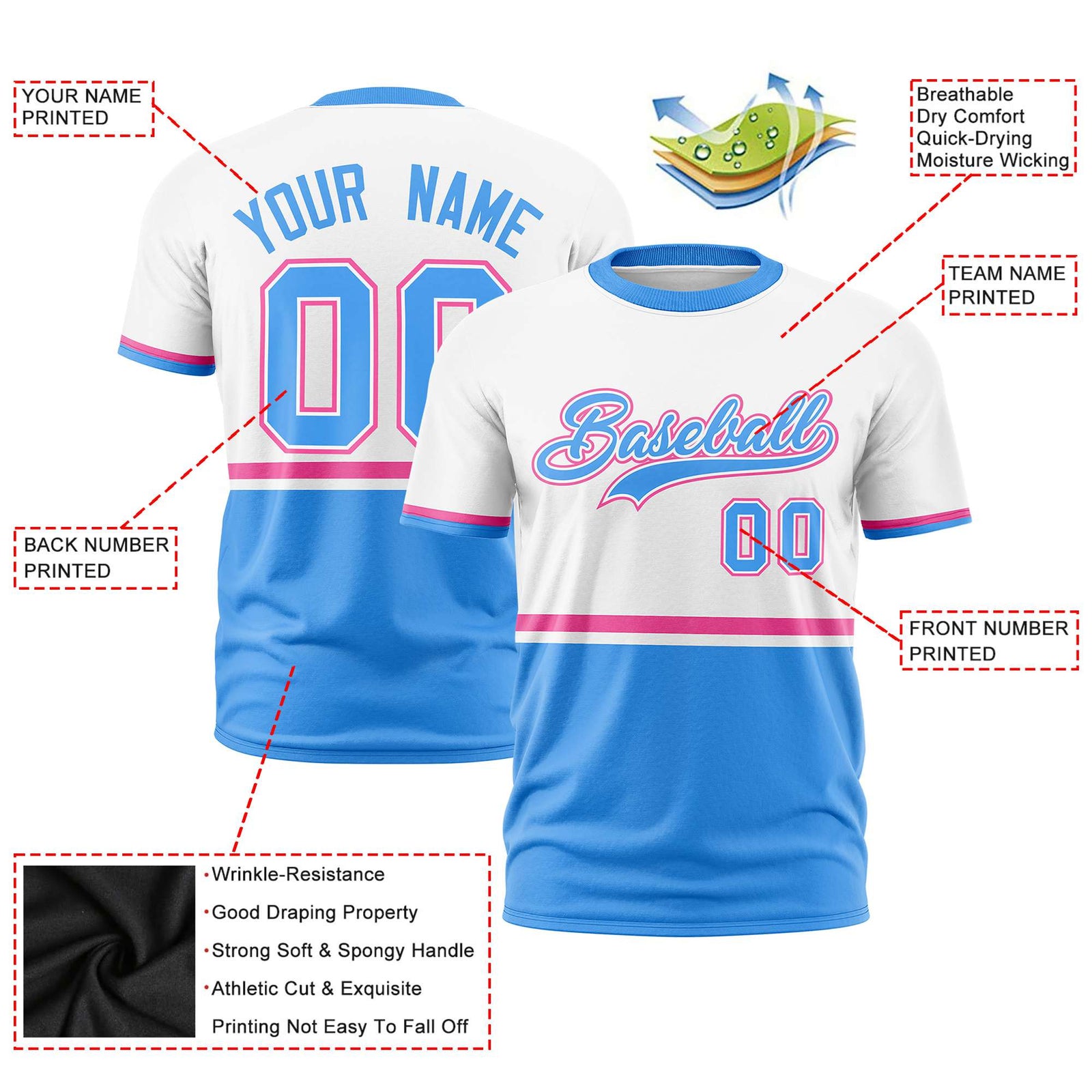 Custom White Pink-Powder Blue Crew neck Color Block Design Performance T-Shirt
