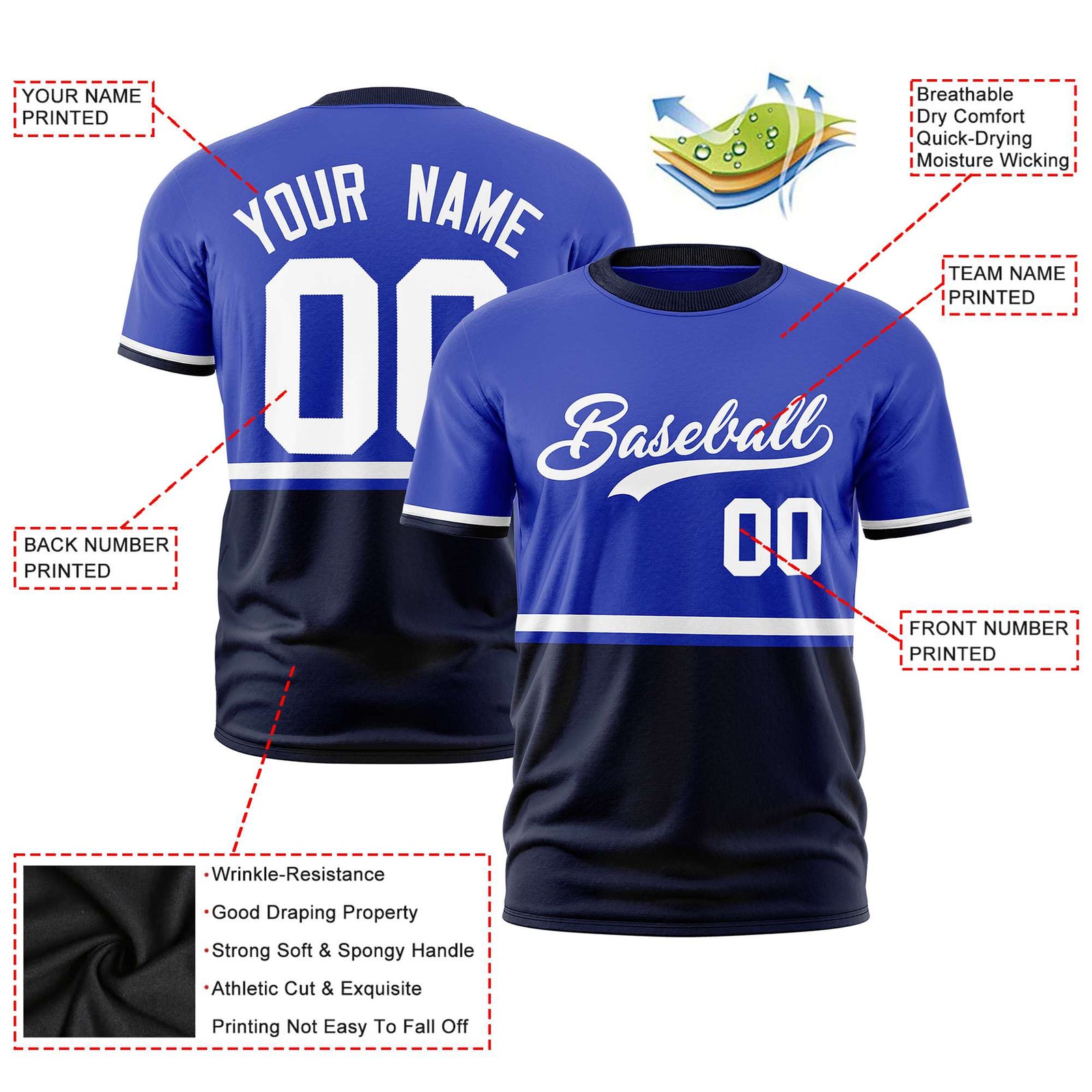 Custom Royal Blue White-Navy Crew neck Color Block Design Performance T-Shirt