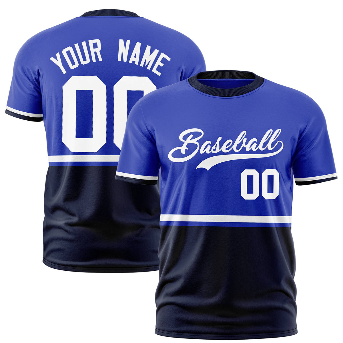 Custom Royal Blue White-Navy Crew neck Color Block Design Performance T-Shirt