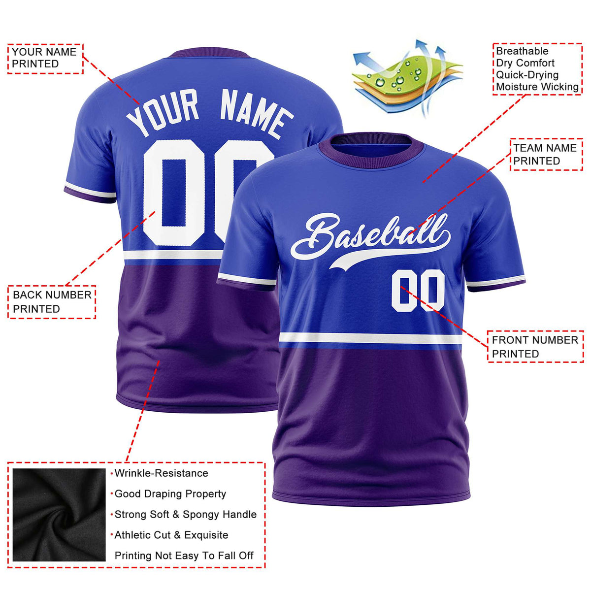 Custom Royal Blue White-Purple Crew neck Color Block Design Performance T-Shirt