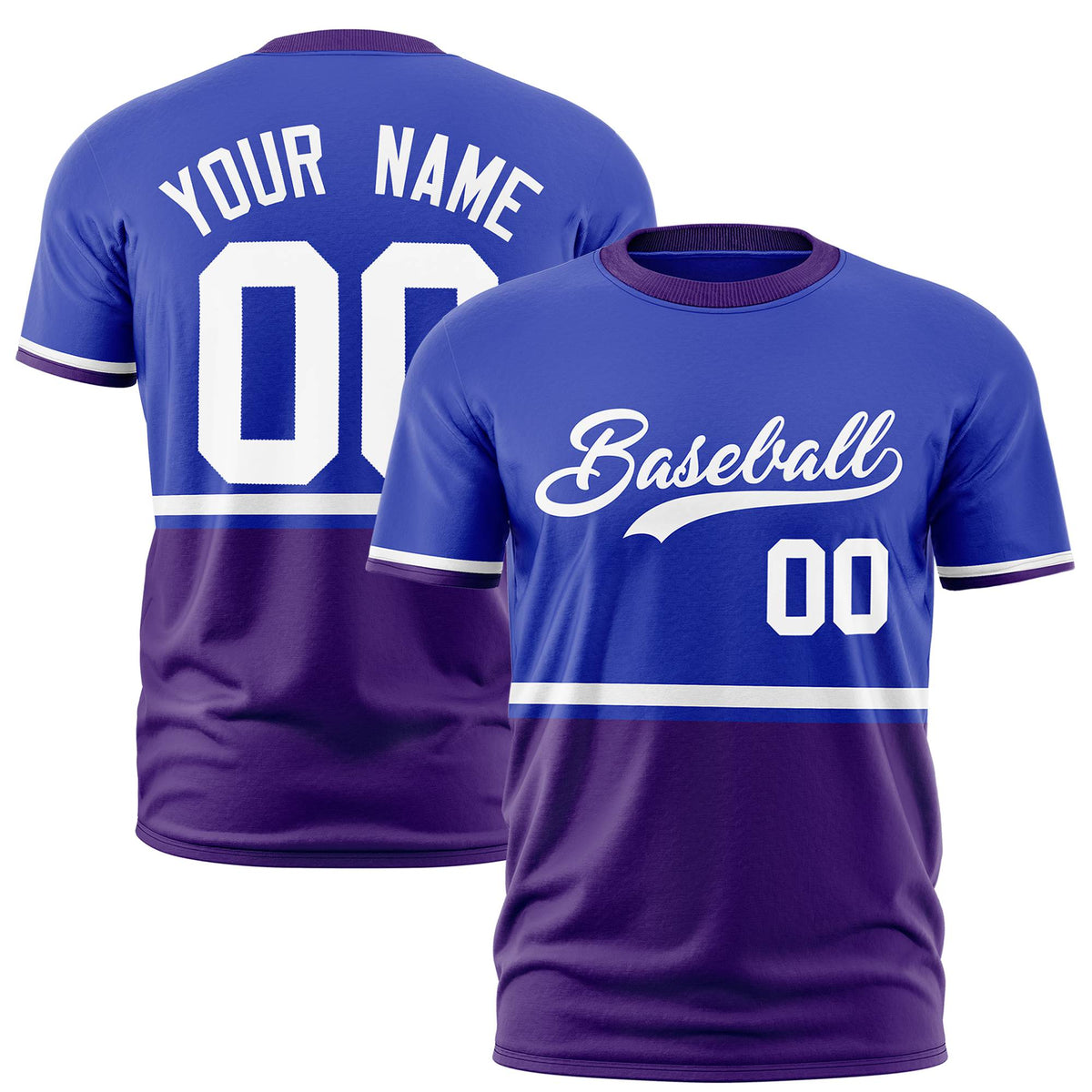 Custom Royal Blue White-Purple Crew neck Color Block Design Performance T-Shirt