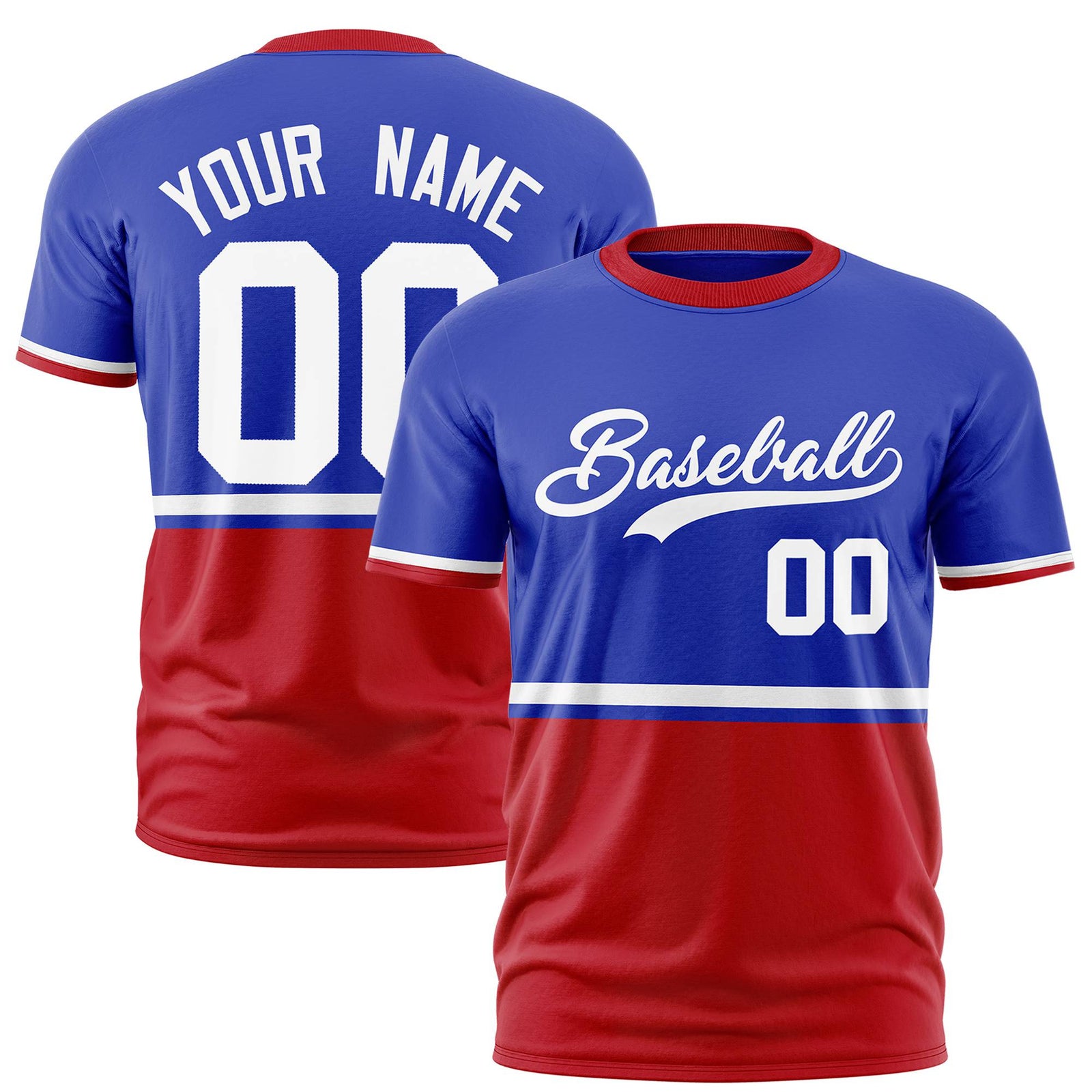 Custom Royal Blue White-Red Crew neck Color Block Design Performance T-Shirt