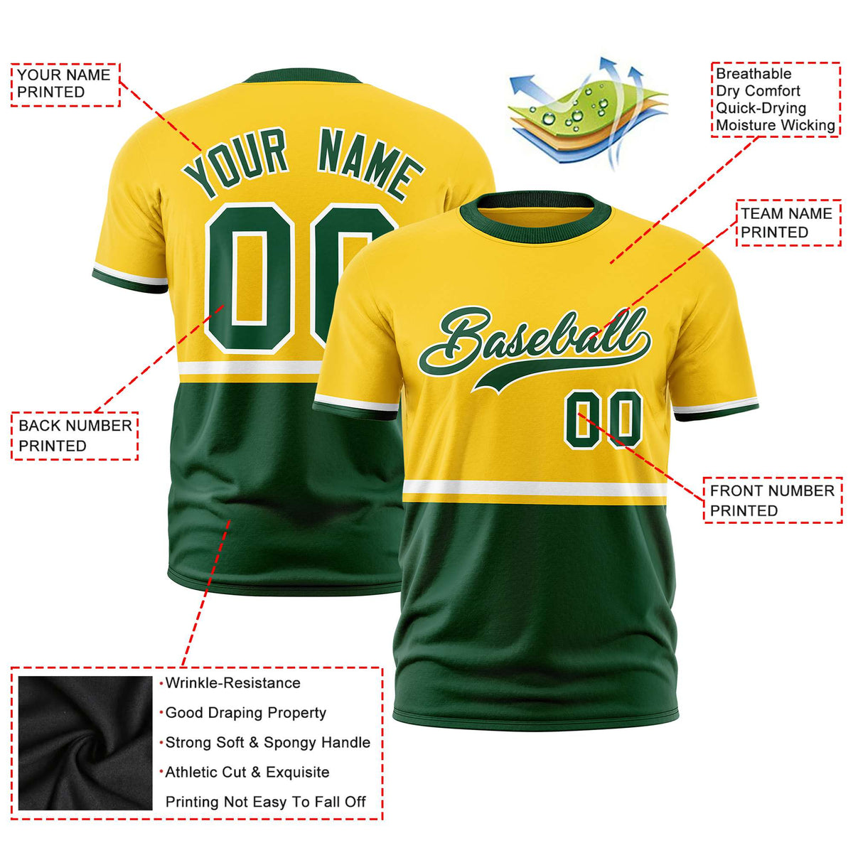 Custom Gold-01 White-Green Crew neck Color Block Design Performance T-Shirt