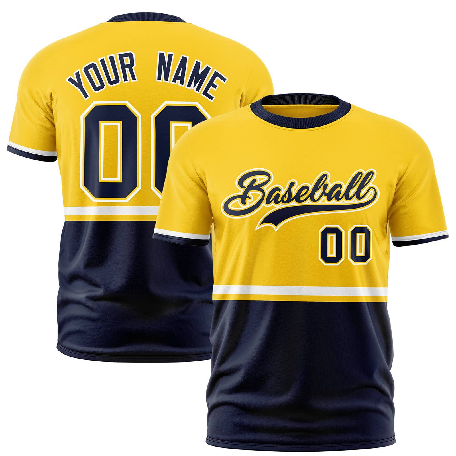 Custom Gold-01 White-Navy Crew neck Color Block Design Performance T-Shirt