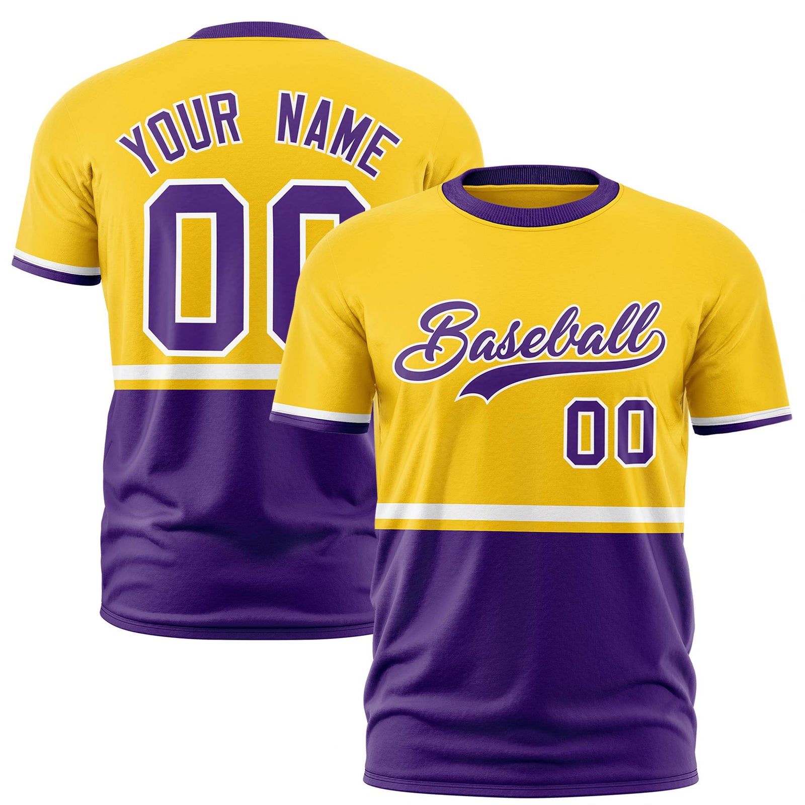 Custom Gold-01 White-Purple Crew neck Color Block Design Performance T-Shirt