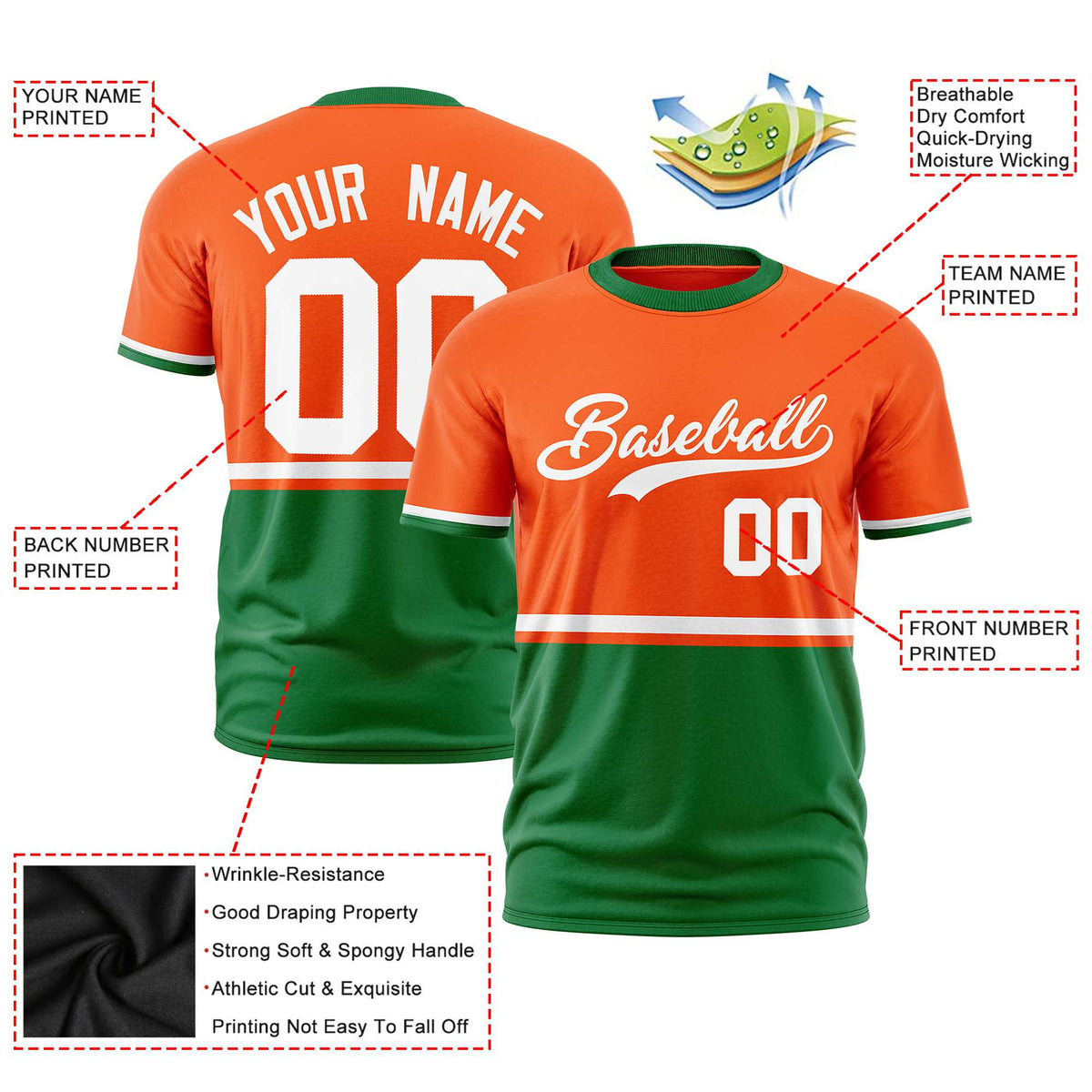 Custom Orange White-Kelly Green Crew neck Color Block Design Performance T-Shirt