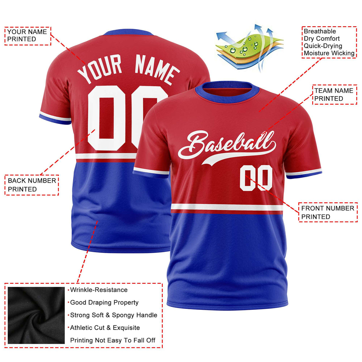 Custom Red White-Royal Blue Crew neck Color Block Design Performance T-Shirt