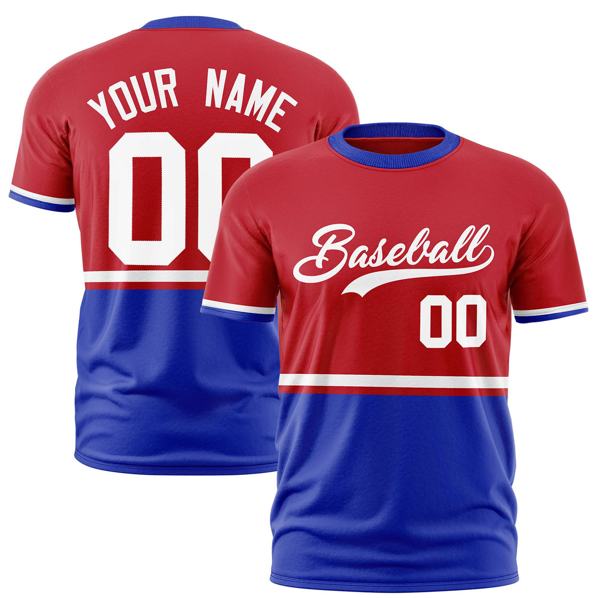 Custom Red White-Royal Blue Crew neck Color Block Design Performance T-Shirt