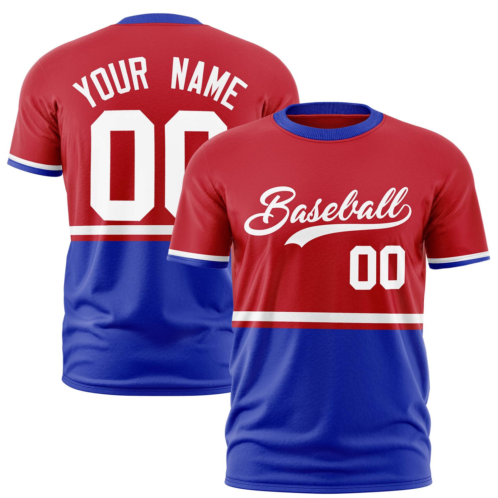 Custom Red White-Royal Blue Crew neck Color Block Design Performance T-Shirt
