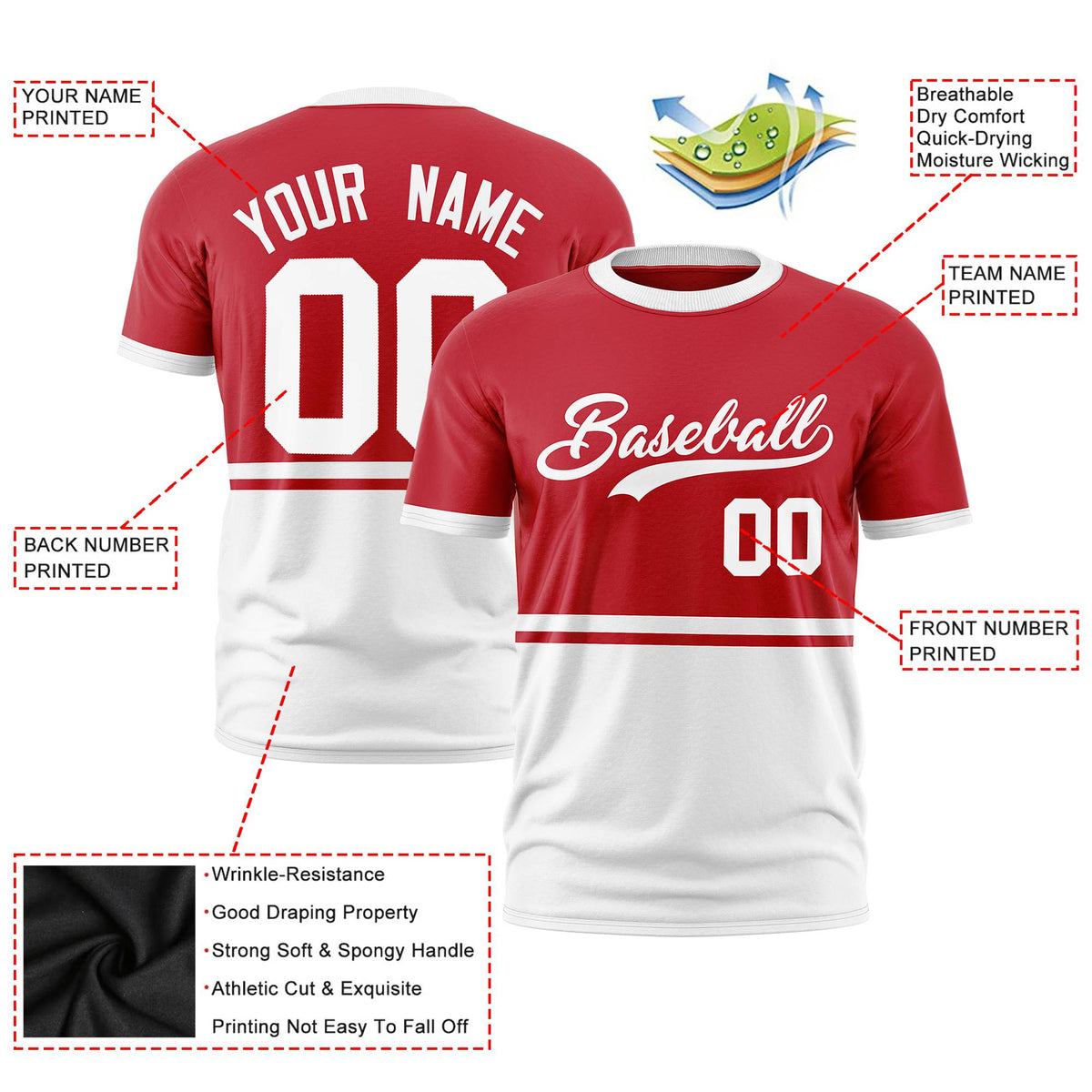 Custom Red White-White Crew neck Color Block Design Performance T-Shirt