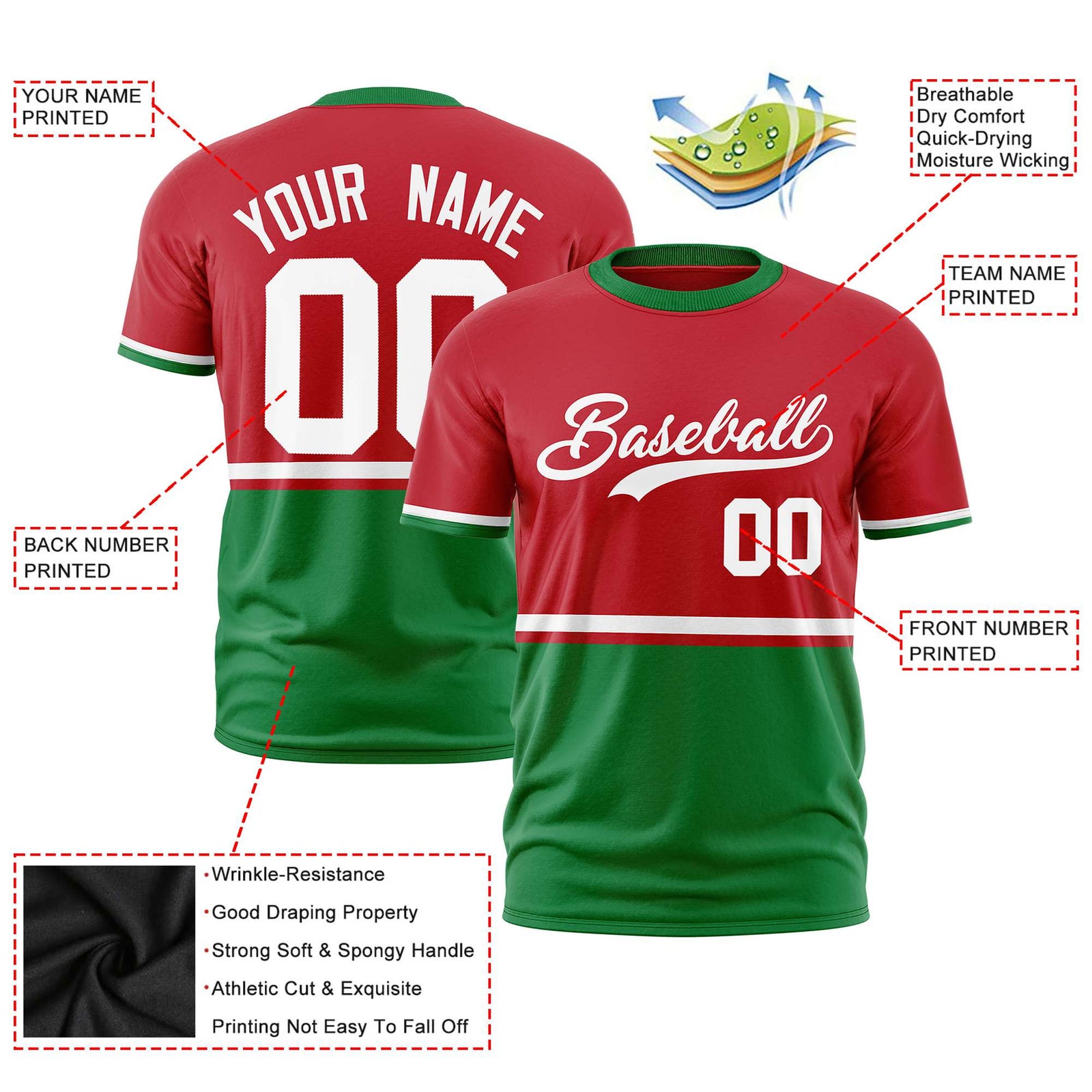 Custom Red White-Kelly Green Crew neck Color Block Design Performance T-Shirt