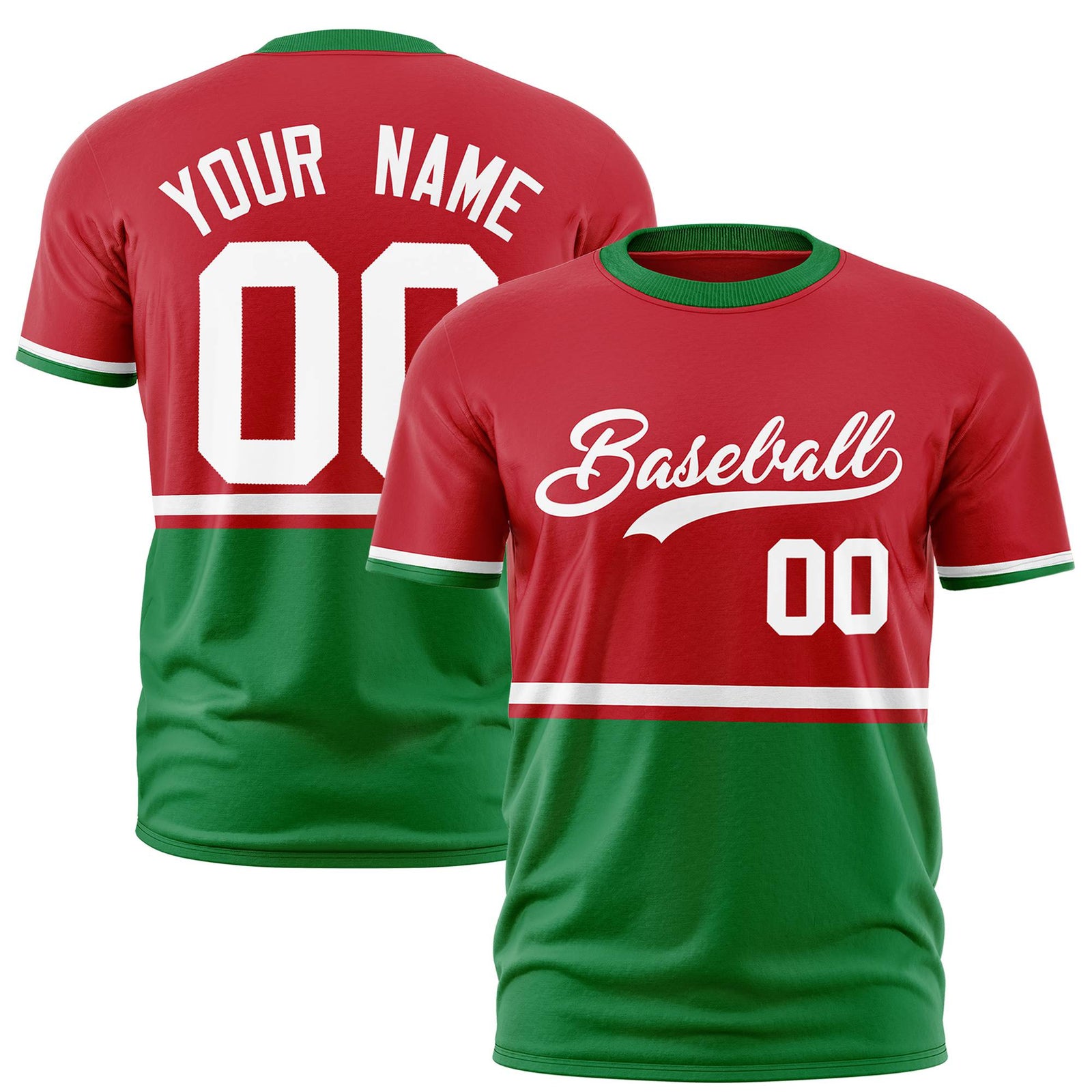 Custom Red White-Kelly Green Crew neck Color Block Design Performance T-Shirt