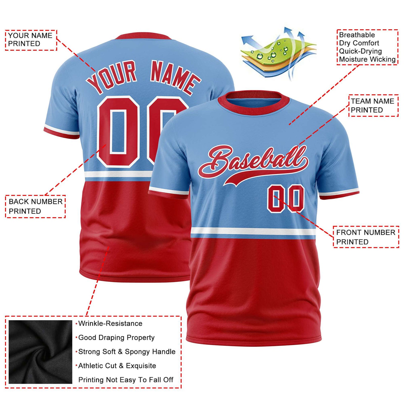 Custom Light Blue White-Red Crew neck Color Block Design Performance T-Shirt