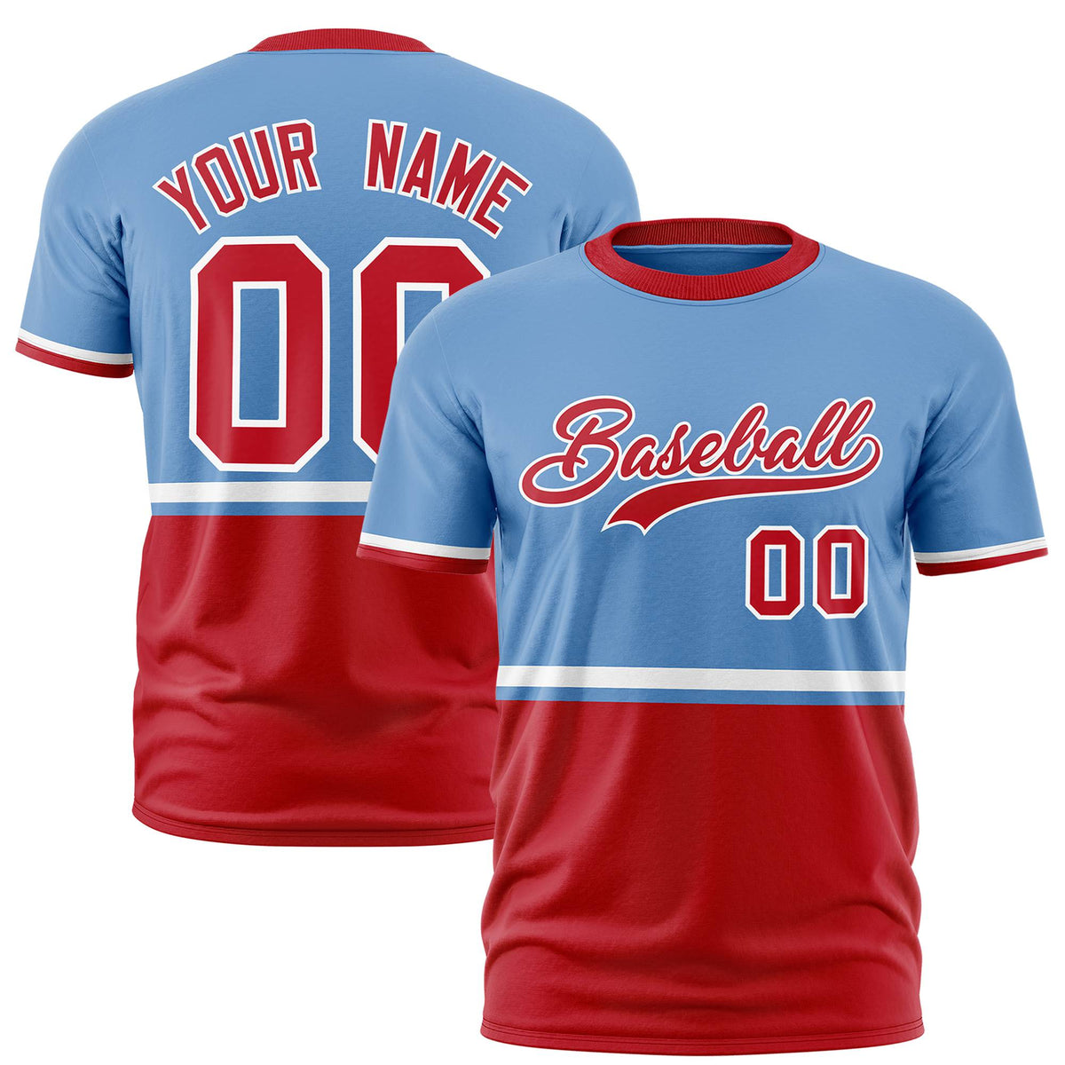 Custom Light Blue White-Red Crew neck Color Block Design Performance T-Shirt