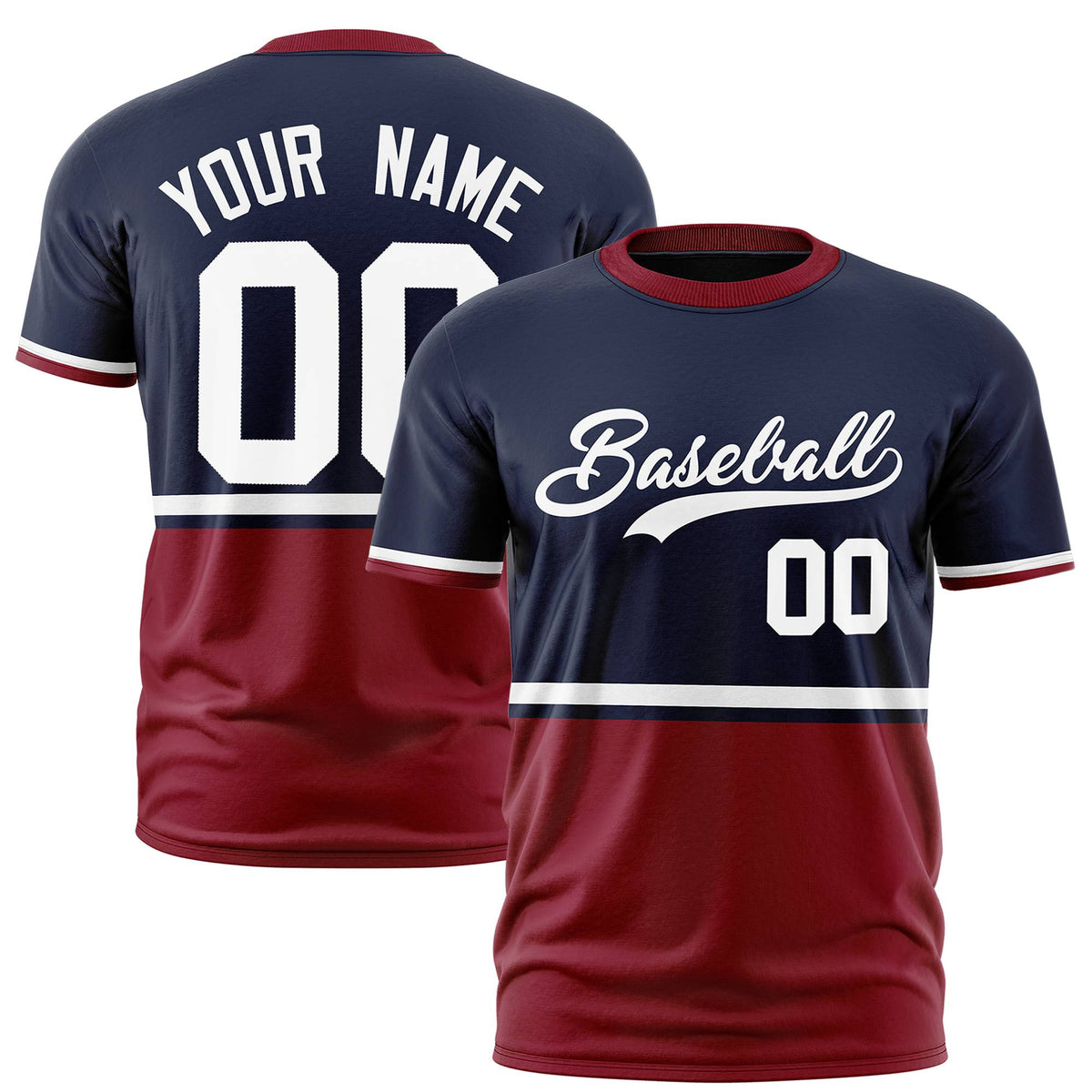 Custom Navy White-Crimson Crew neck Color Block Design Performance T-Shirt