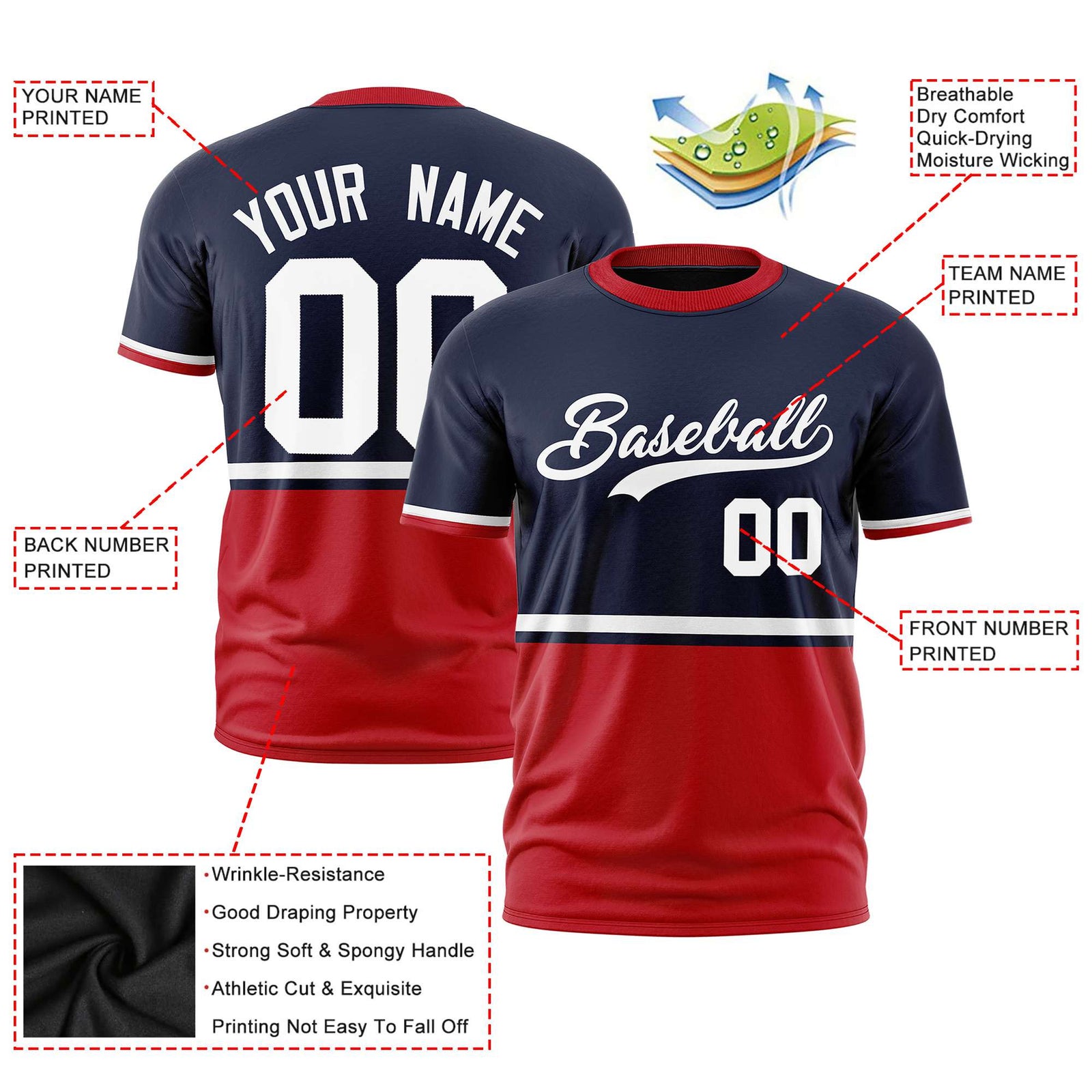 Custom Navy White-Red Crew neck Color Block Design Performance T-Shirt