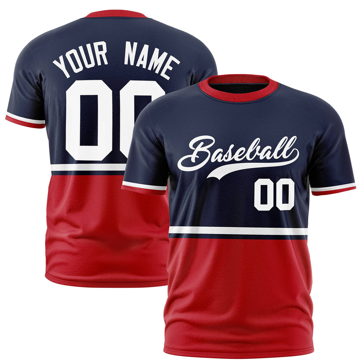 Custom Navy White-Red Crew neck Color Block Design Performance T-Shirt