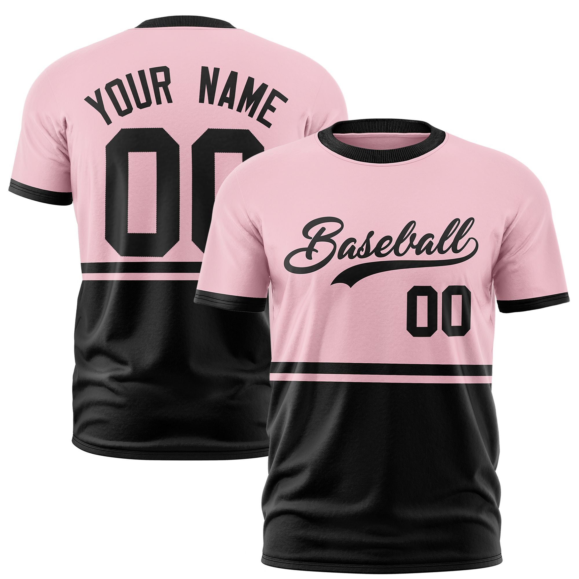 Custom Light Pink Black-Black Crew neck Color Block Design Performance T-Shirt