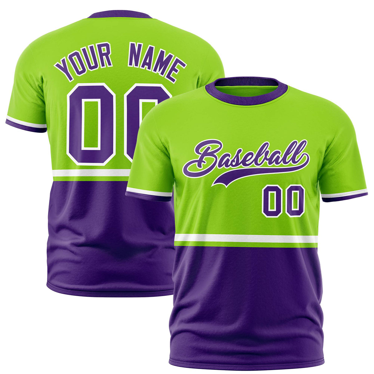 Custom Neon Green White-Purple Crew neck Color Block Design Performance T-Shirt