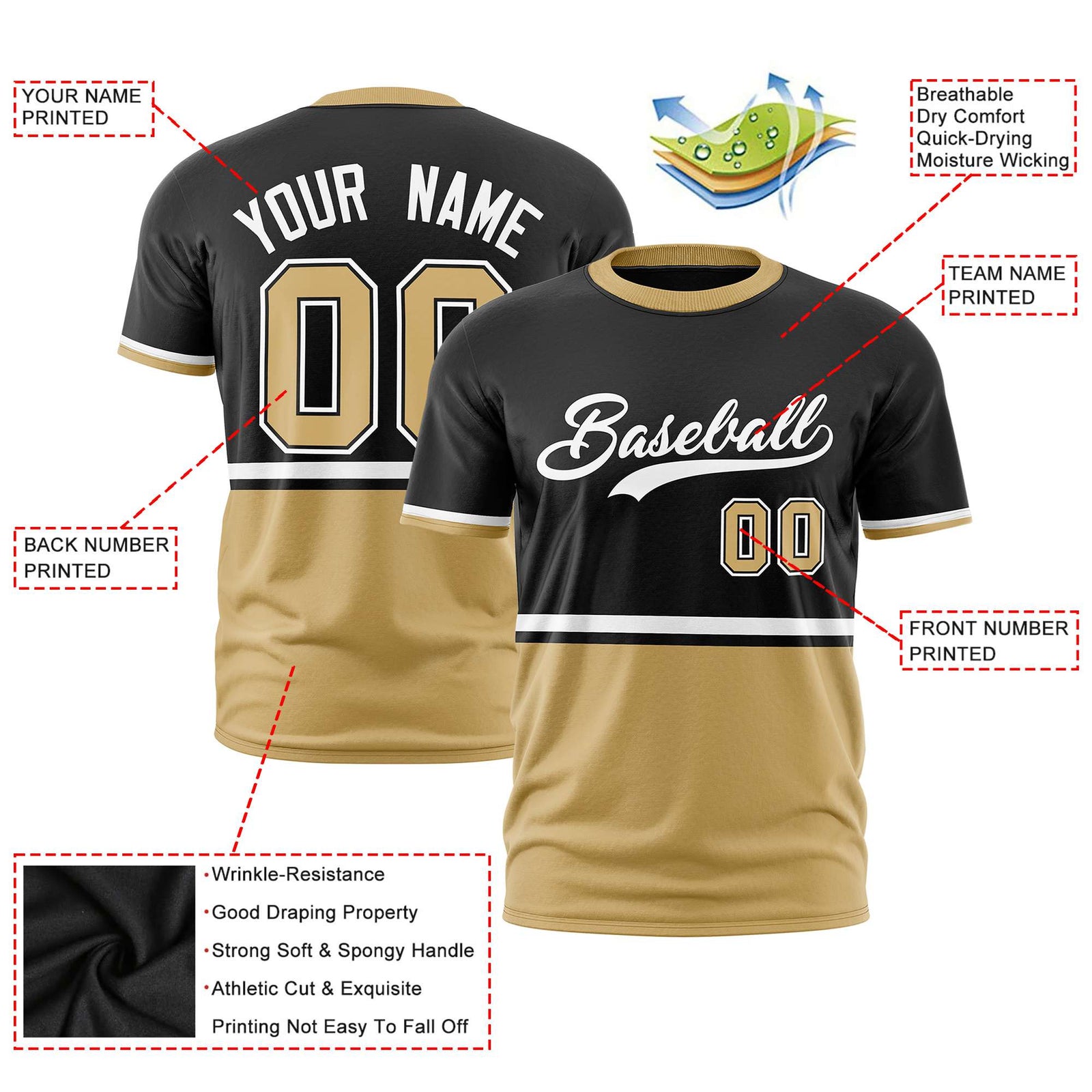 Custom Black White-Old Gold Crew neck Color Block Design Performance T-Shirt