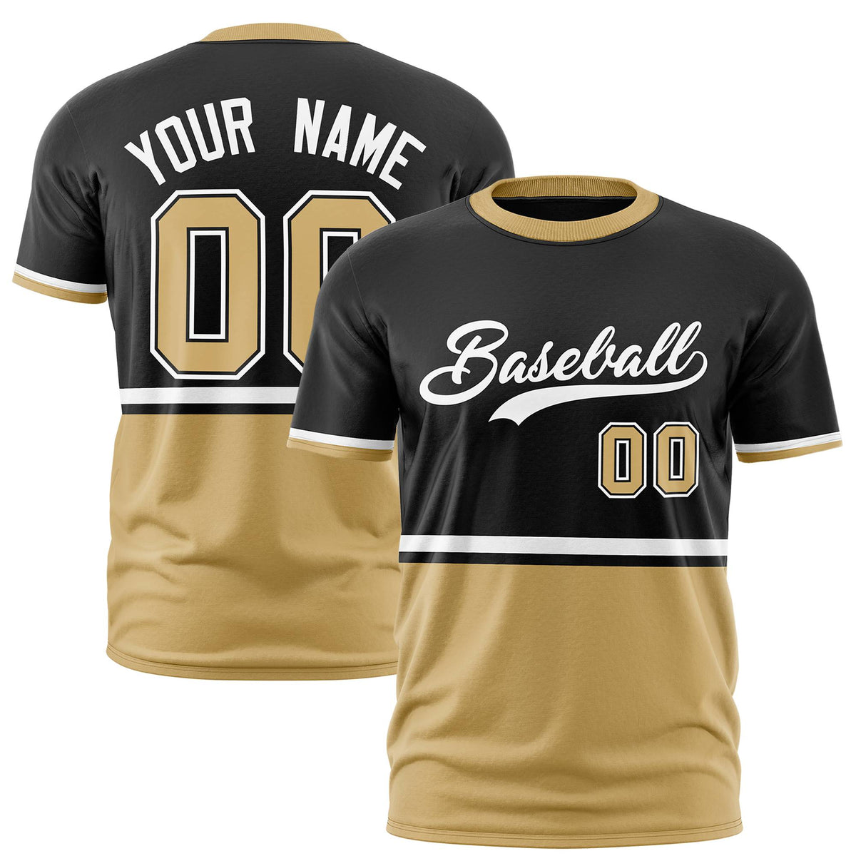 Custom Black White-Old Gold Crew neck Color Block Design Performance T-Shirt