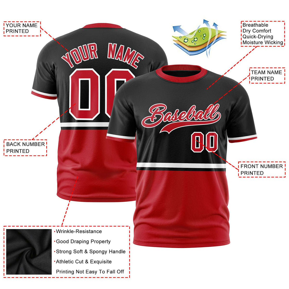 Custom Black White-Red Crew neck Color Block Design Performance T-Shirt