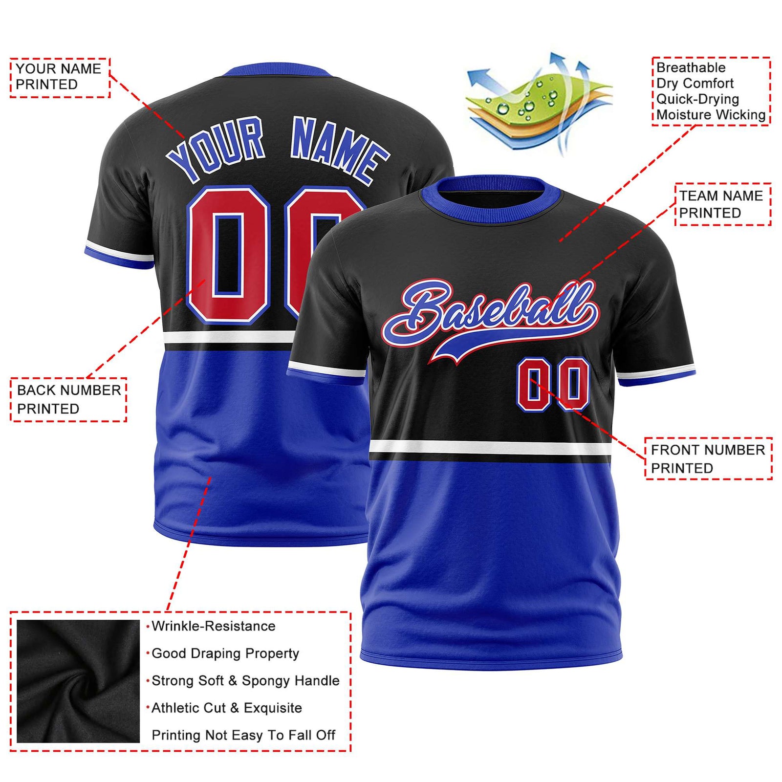Custom Black White-Royal Blue Crew neck Color Block Design Performance T-Shirt