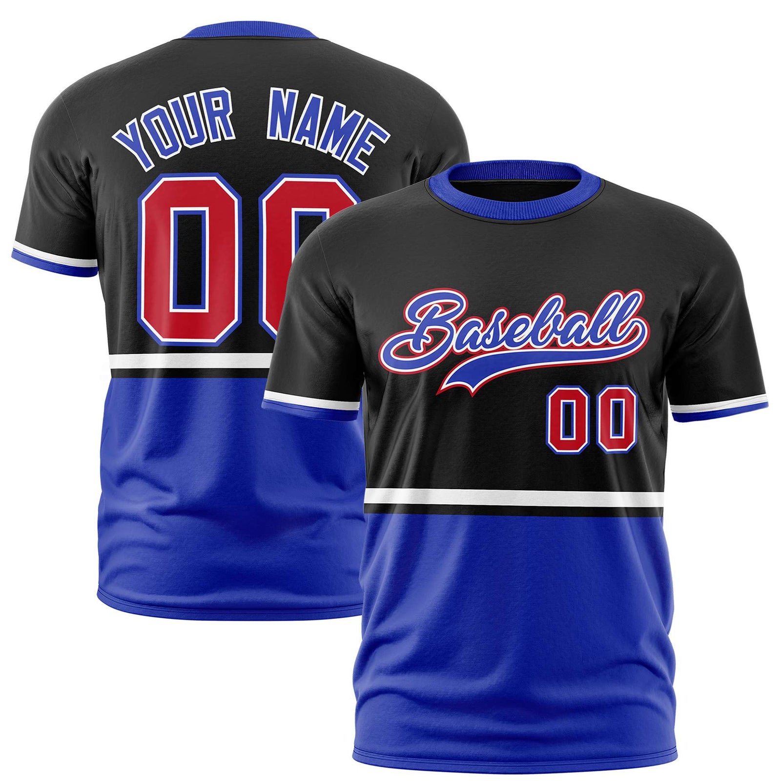Custom Black White-Royal Blue Crew neck Color Block Design Performance T-Shirt