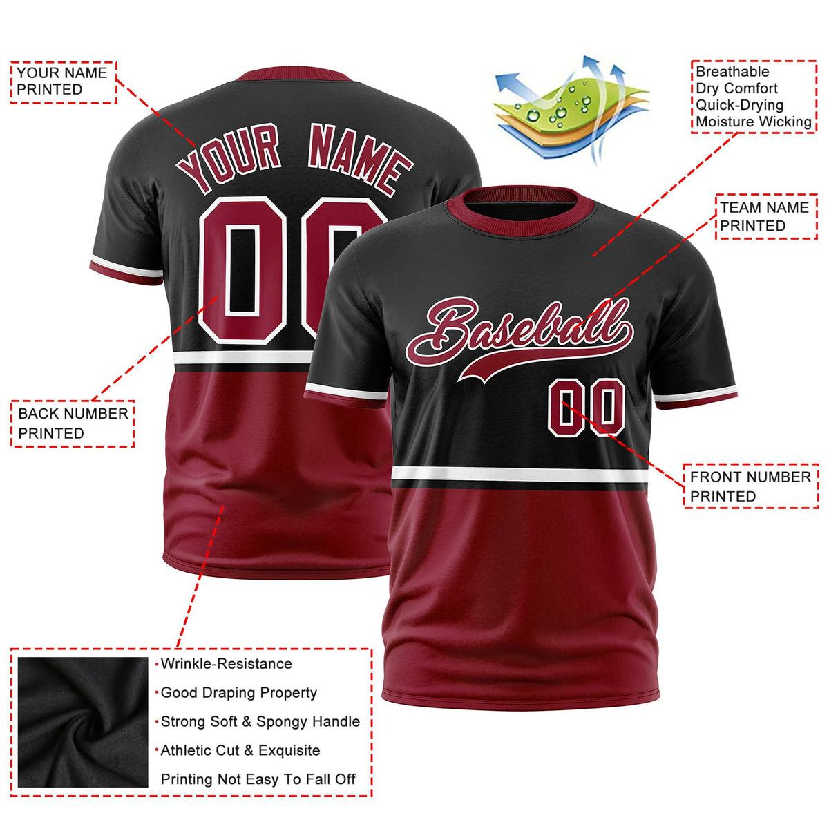 Custom Black White-Crimson Crew neck Color Block Design Performance T-Shirt