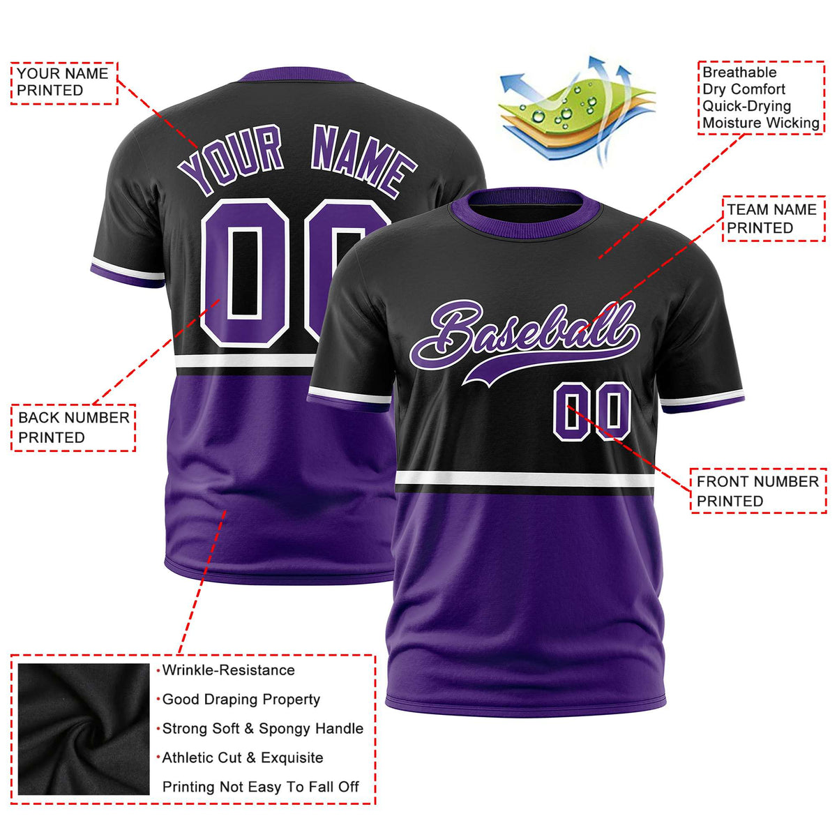 Custom Black White-Purple Crew neck Color Block Design Performance T-Shirt