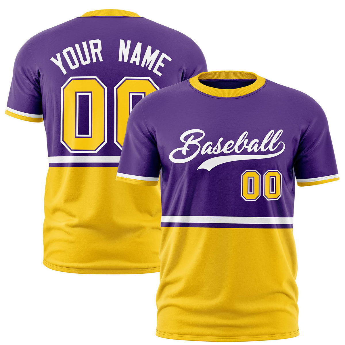 Custom Purple White-Gold-01 Crew neck Color Block Design Performance T-Shirt