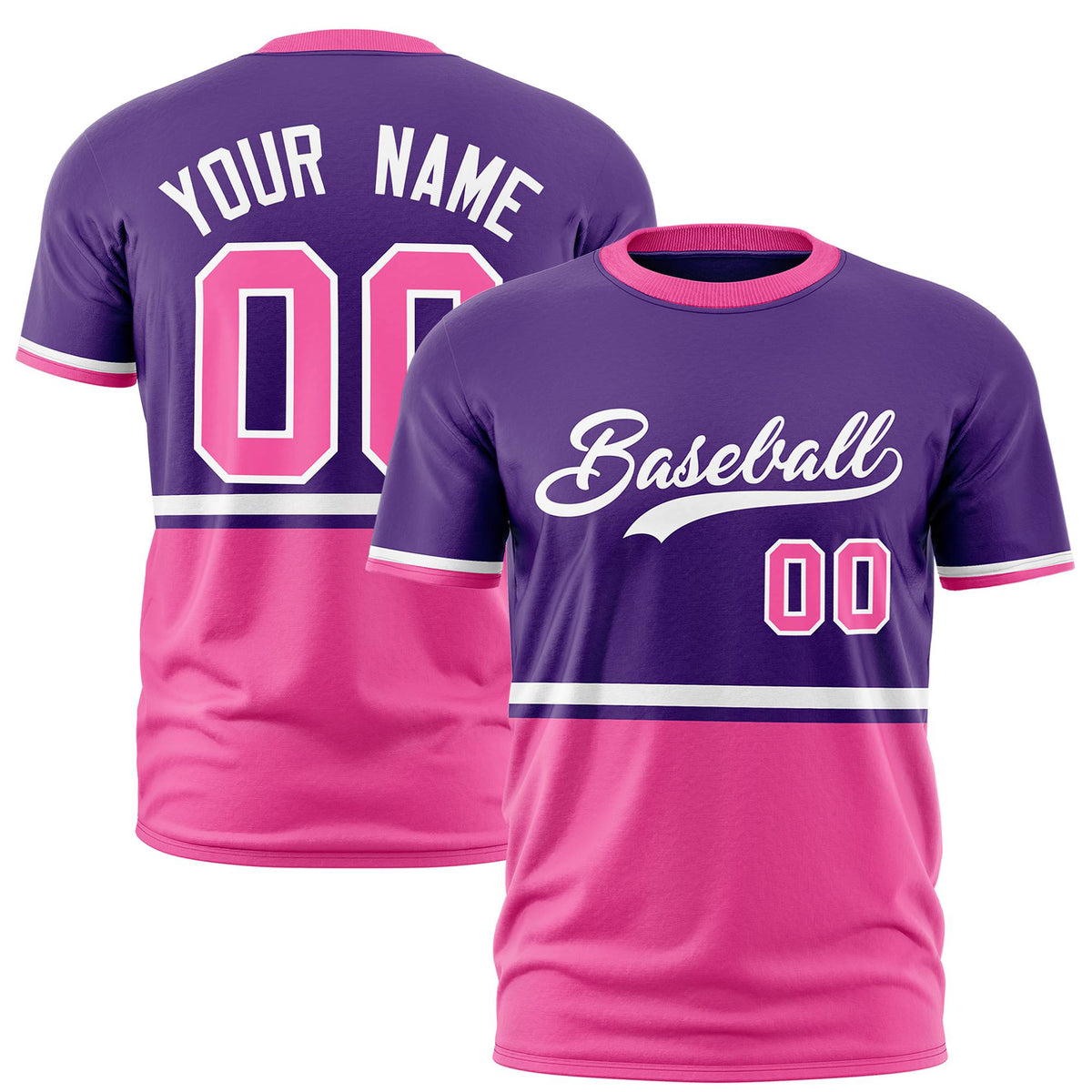 Custom Purple White-Pink Crew neck Color Block Design Performance T-Shirt