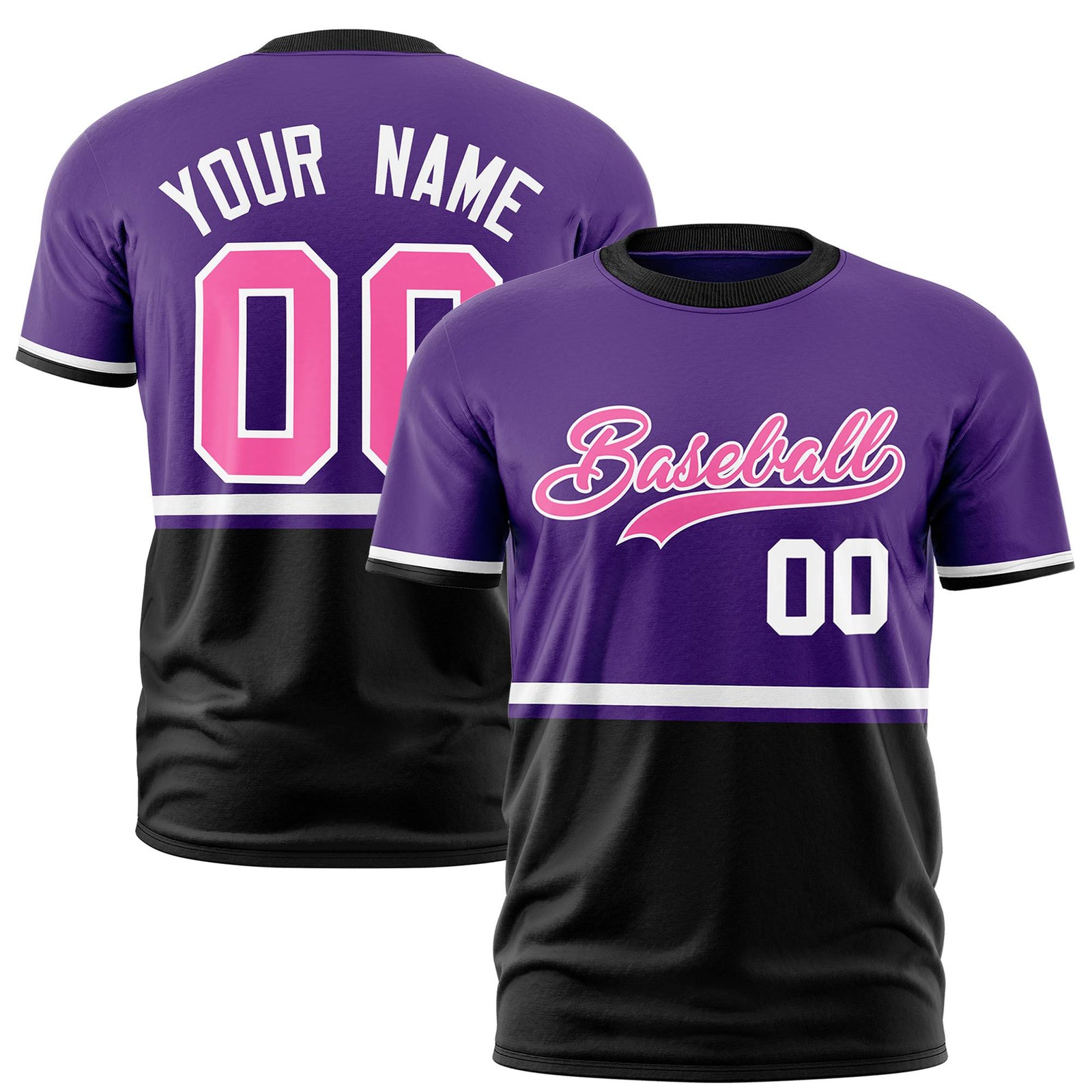 Custom Purple White-Black Crew neck Color Block Design Performance T-Shirt