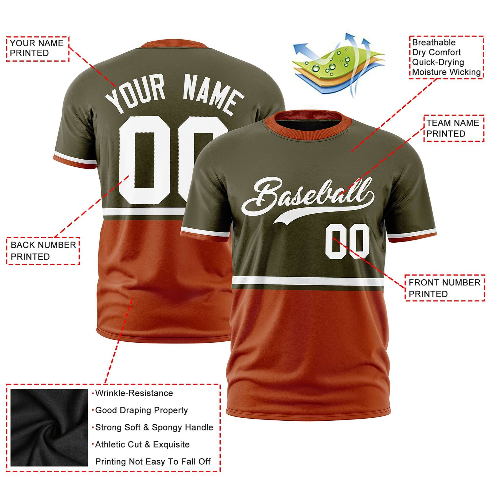 Custom Olive White-Orange Crew neck Color Block Design Performance T-Shirt