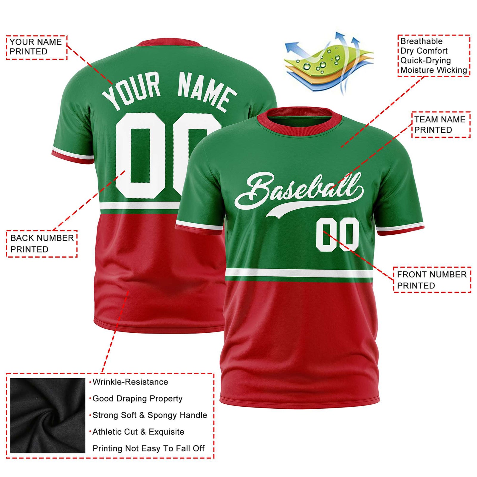 Custom Kelly Green White-Red Crew neck Color Block Design Performance T-Shirt