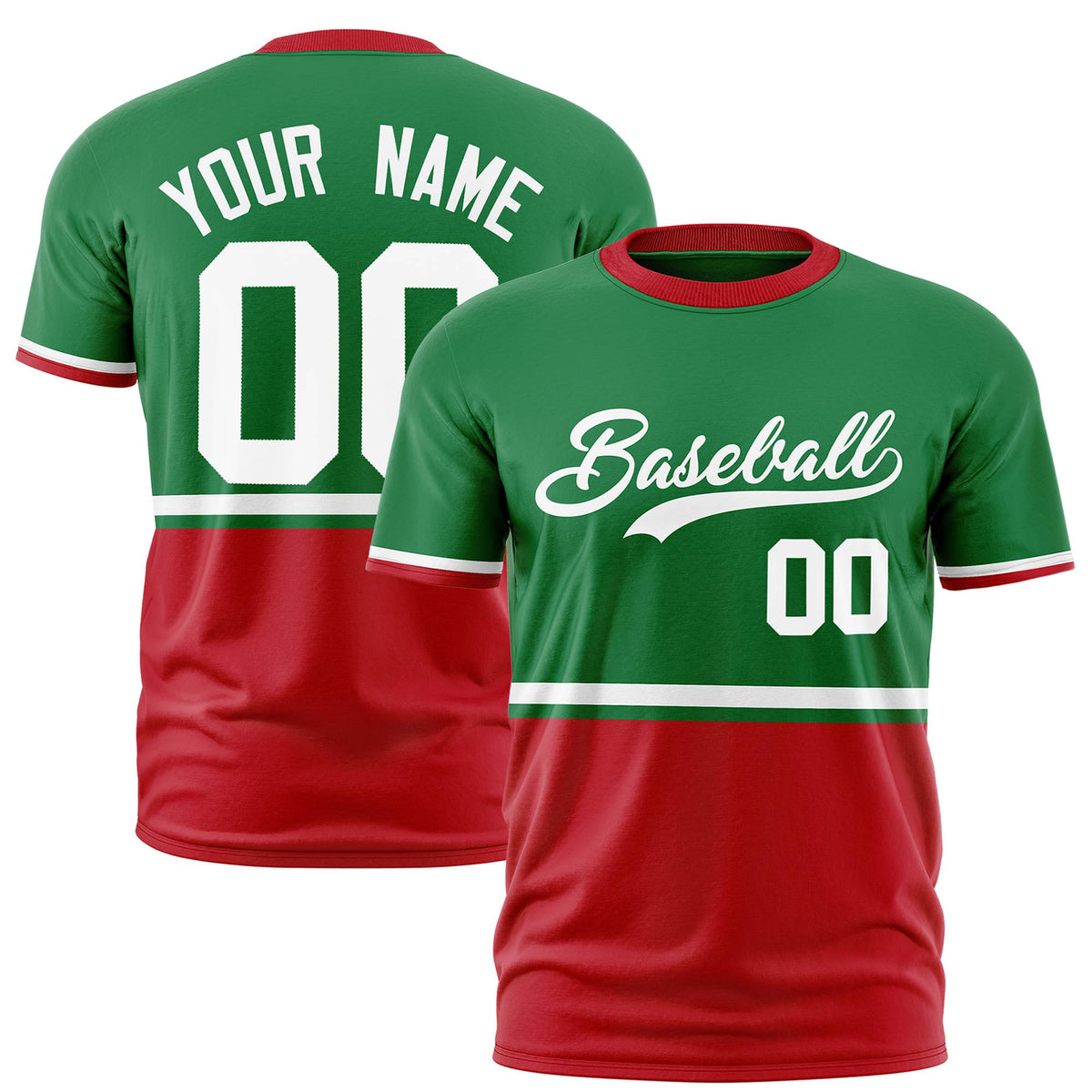 Custom Kelly Green White-Red Crew neck Color Block Design Performance T-Shirt