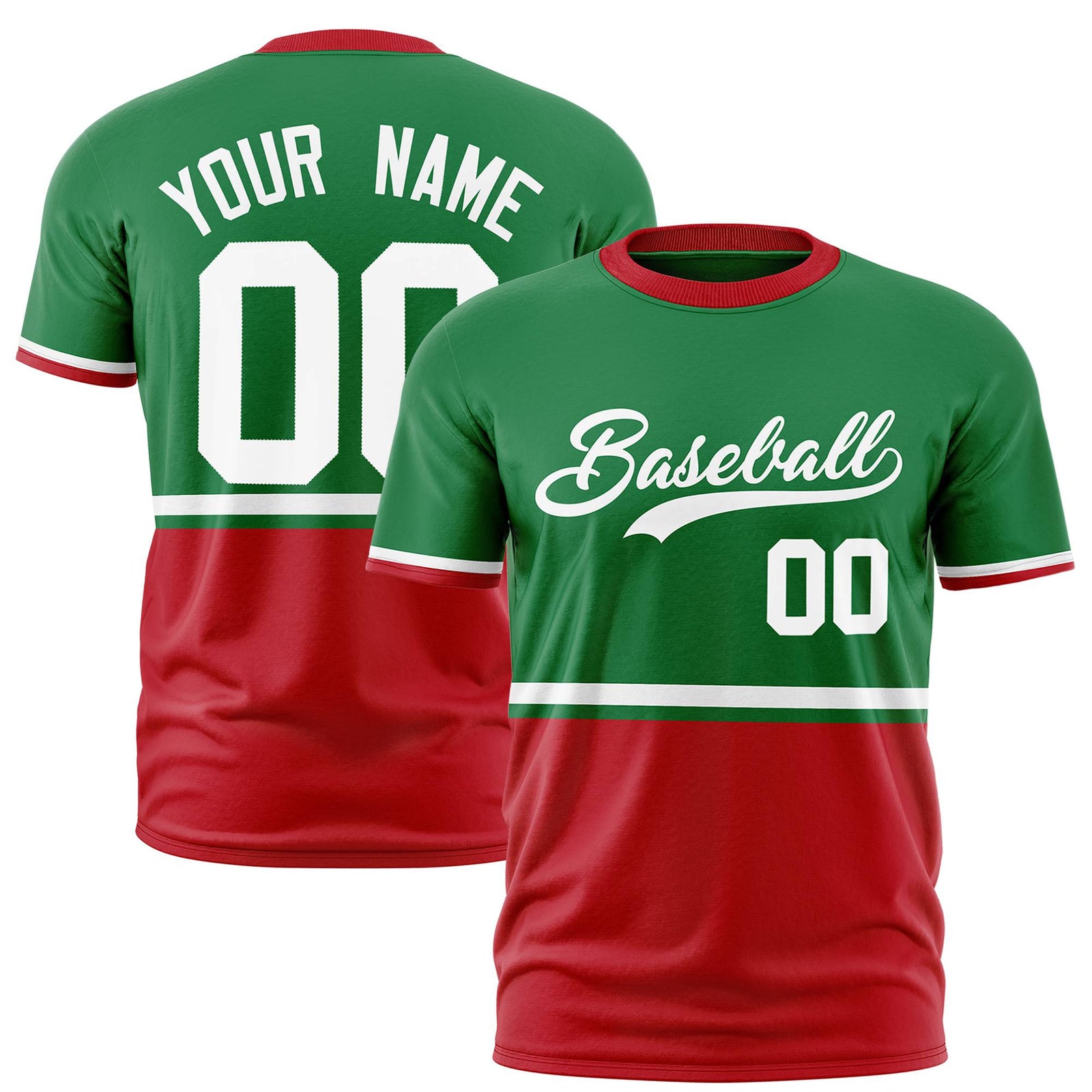 Custom Kelly Green White-Red Crew neck Color Block Design Performance T-Shirt