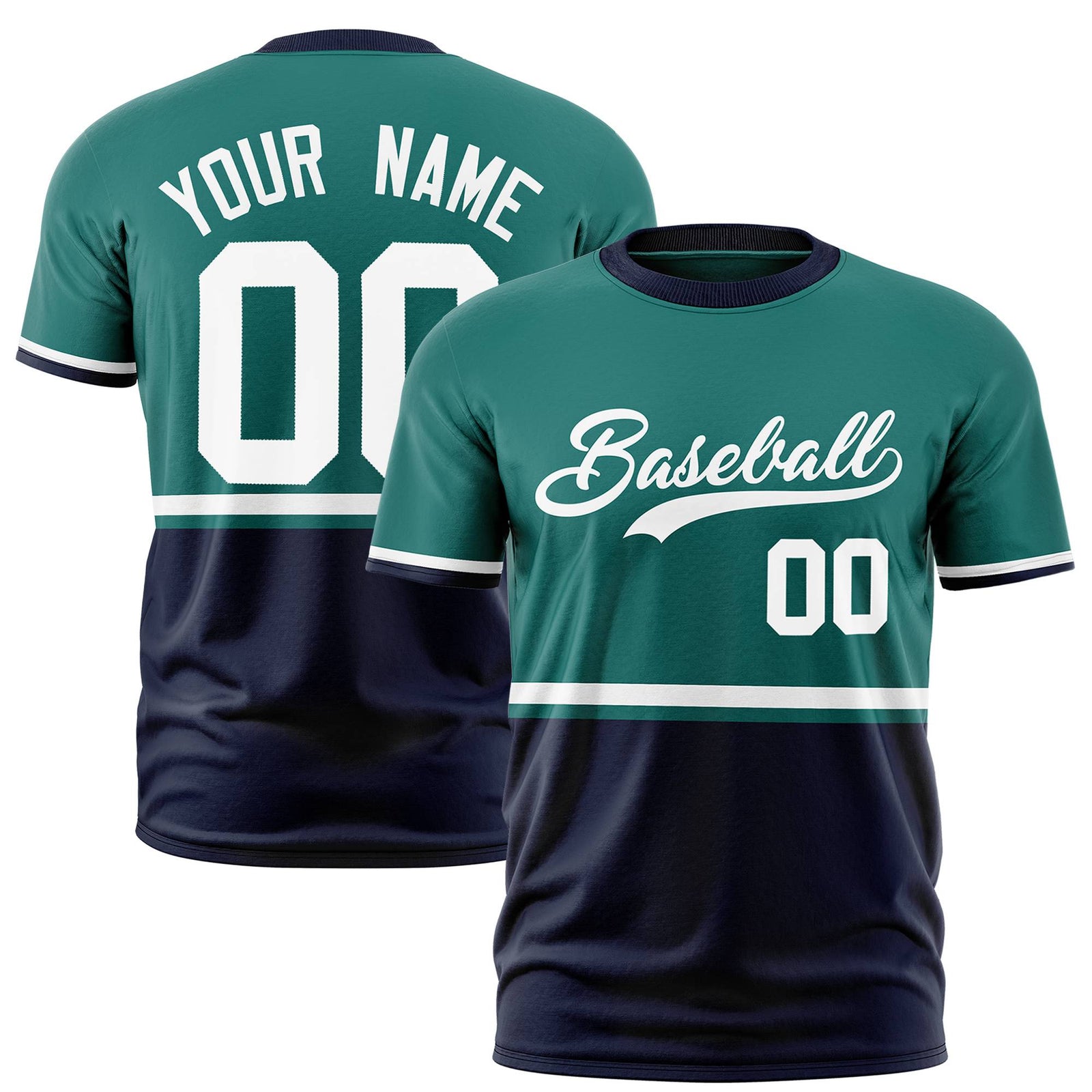 Custom Aqua White-Navy Crew neck Color Block Design Performance T-Shirt