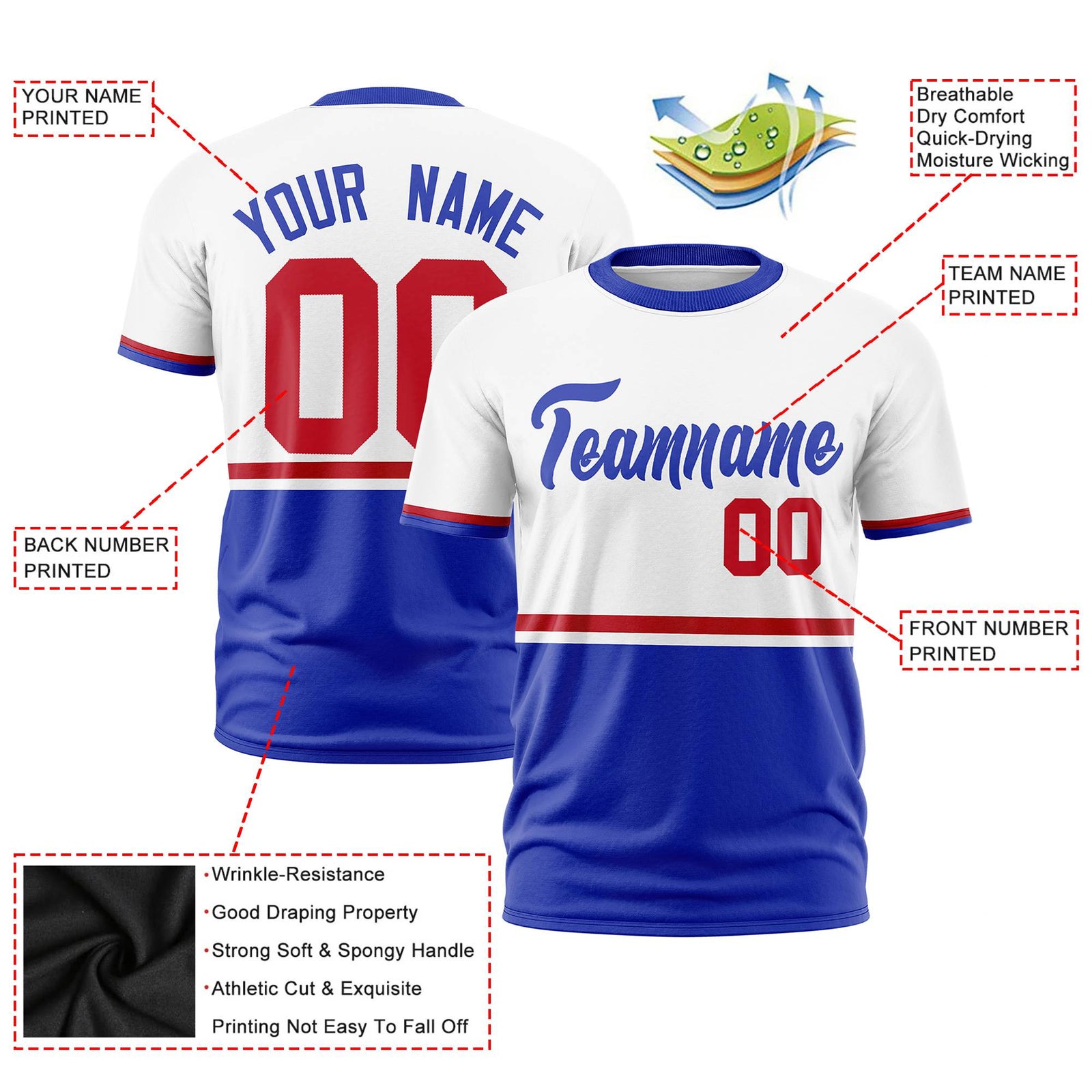 Custom White Red-Royal Blue Crew neck Color Block Design Performance T-Shirt