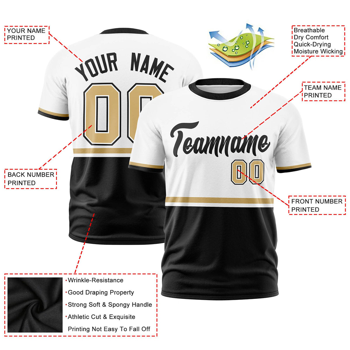 Custom White Old Gold-Black Crew neck Color Block Design Performance T-Shirt