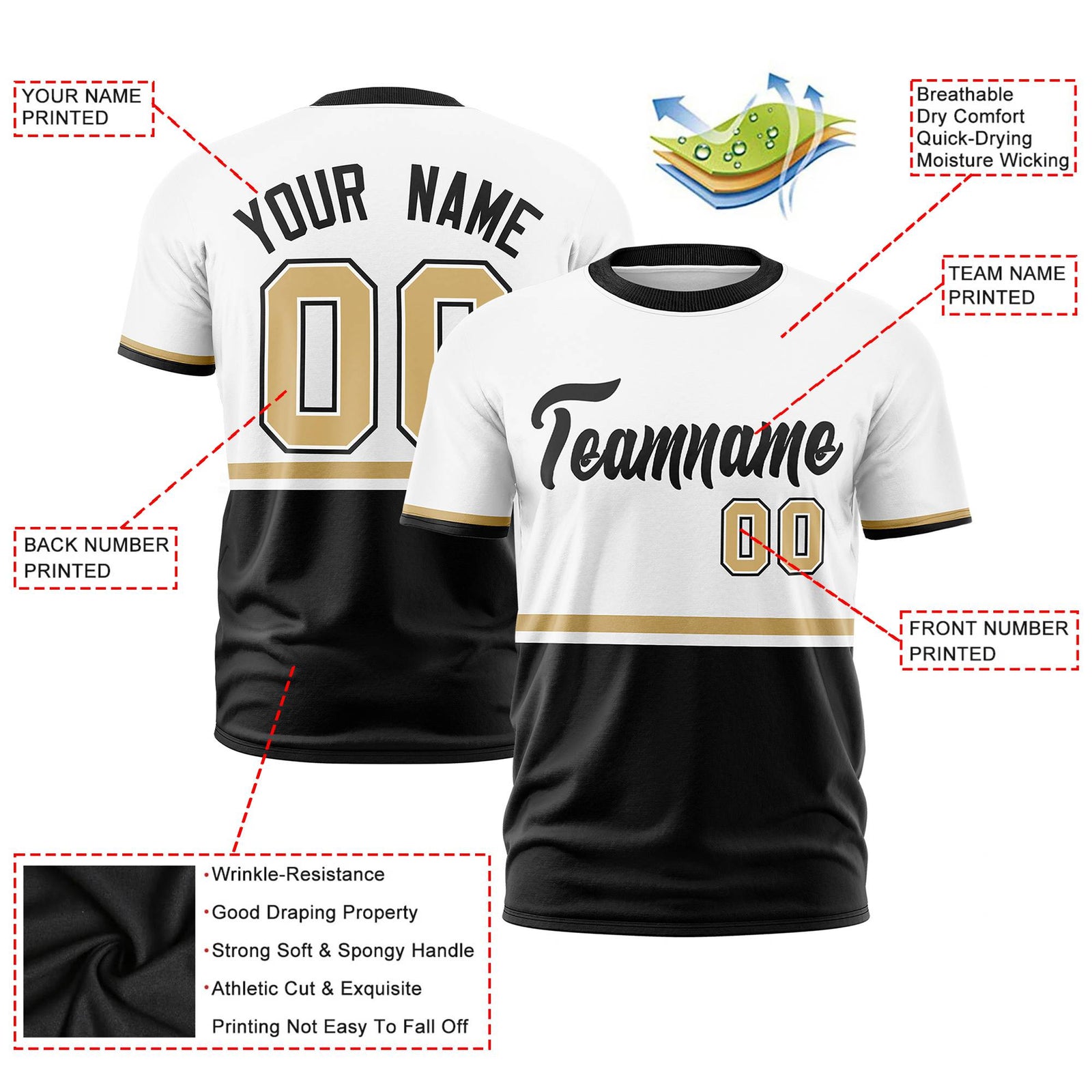 Custom White Old Gold-Black Crew neck Color Block Design Performance T-Shirt