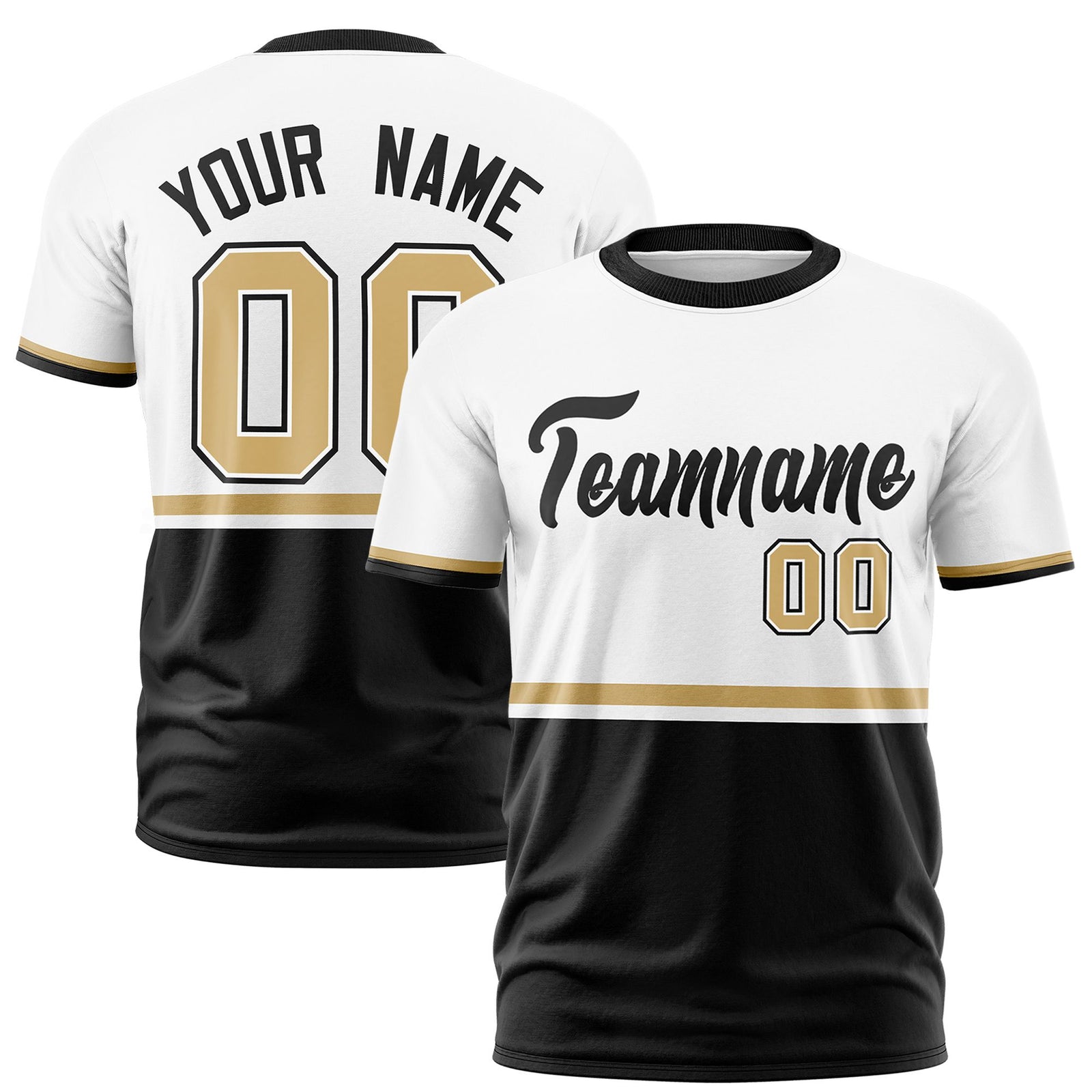 Custom White Old Gold-Black Crew neck Color Block Design Performance T-Shirt