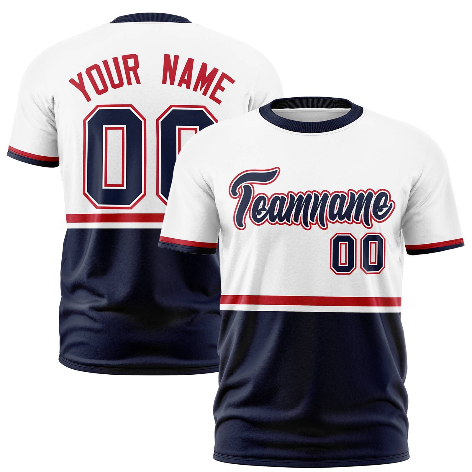 Custom White Red-Navy Crew neck Color Block Design Performance T-Shirt