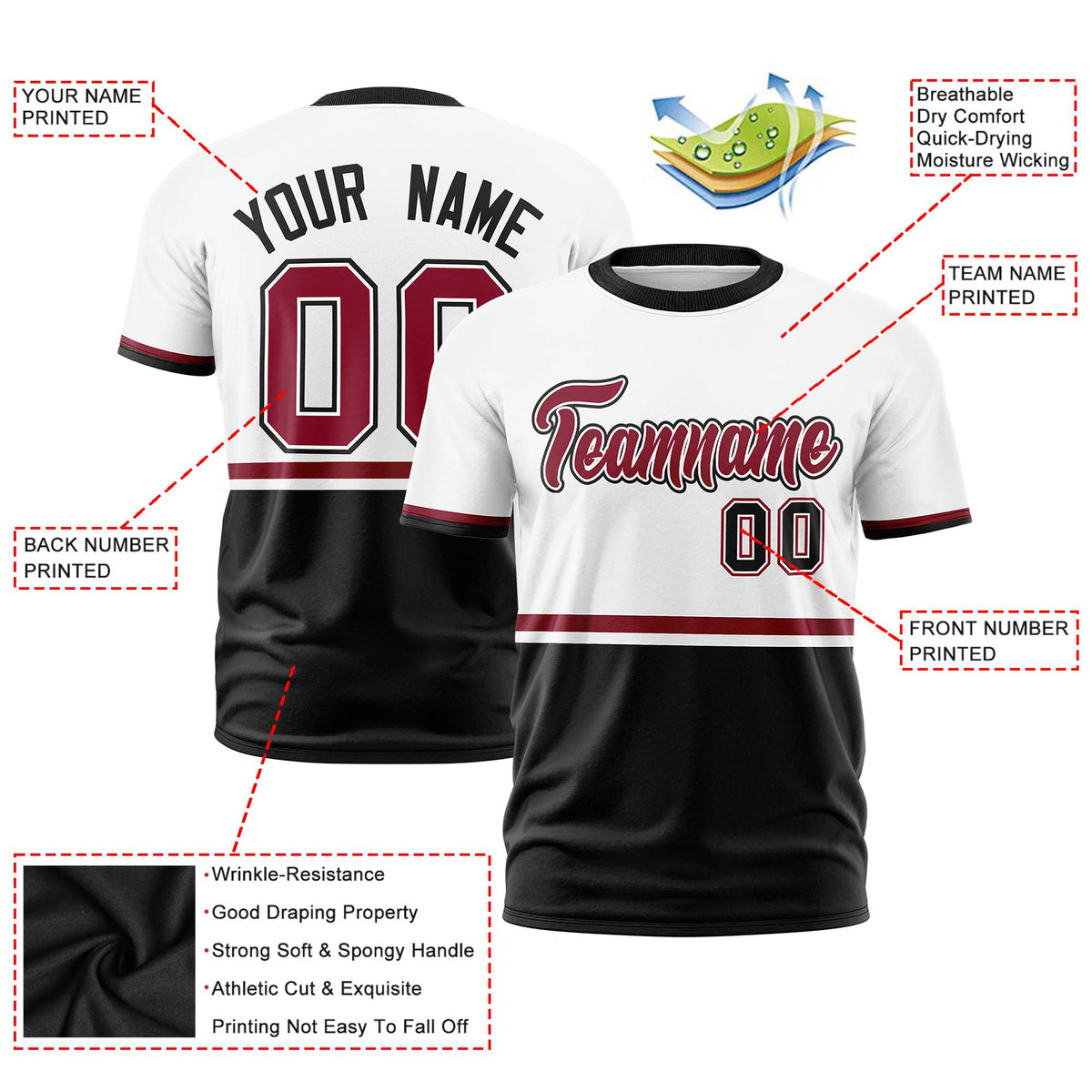 Custom White Crimson-Black Crew neck Color Block Design Performance T-Shirt
