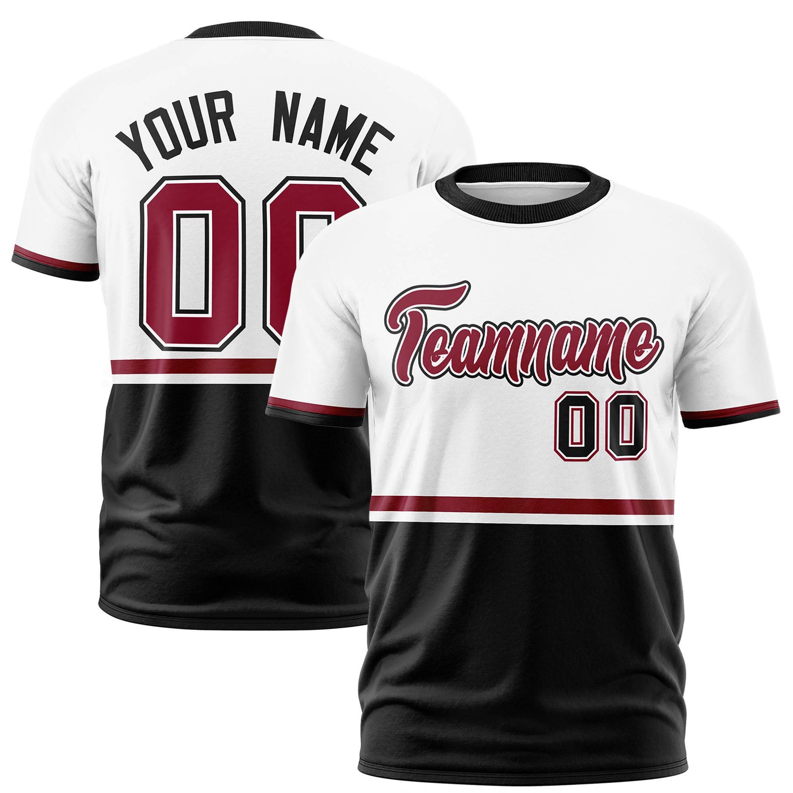 Custom White Crimson-Black Crew neck Color Block Design Performance T-Shirt