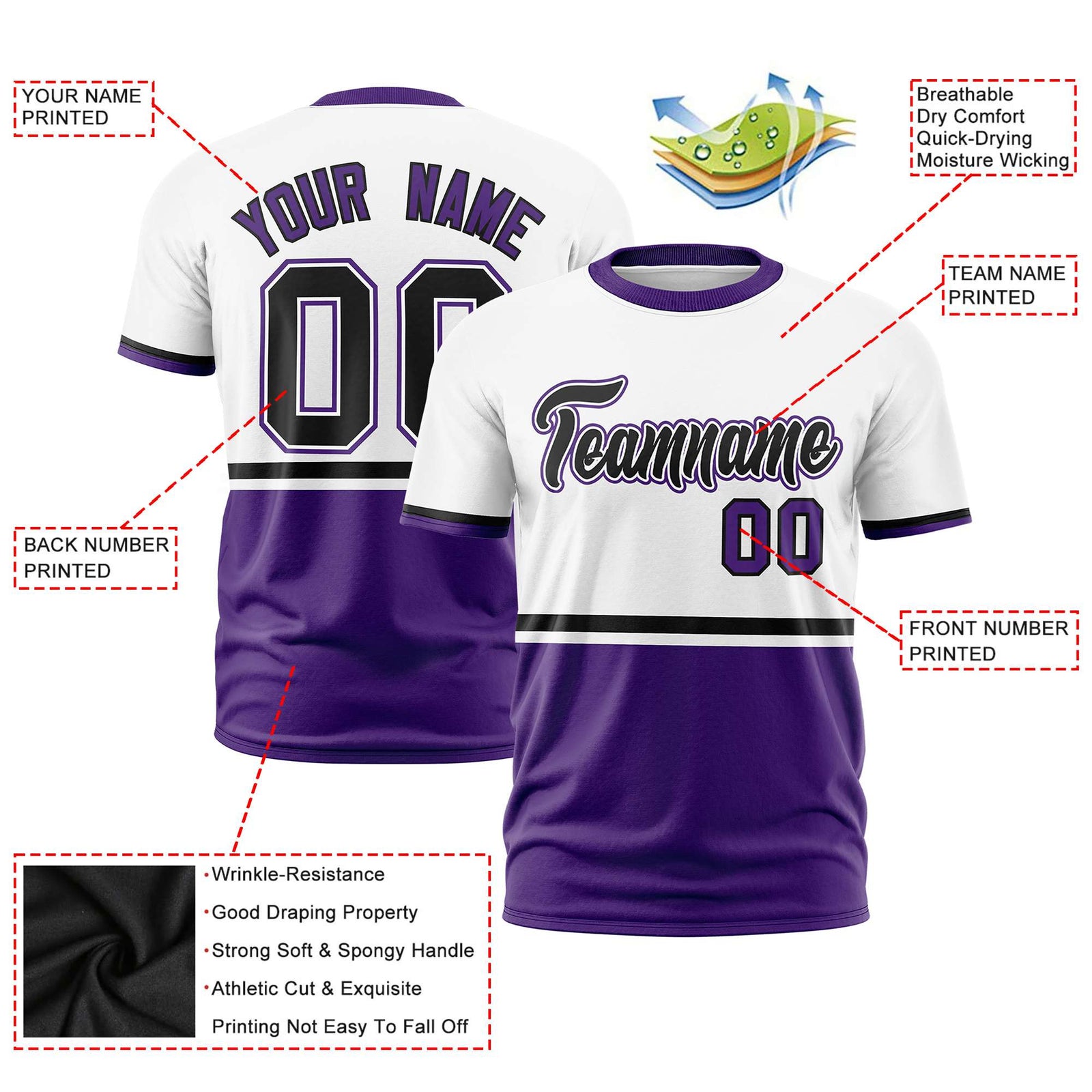 Custom White Black-Purple Crew neck Color Block Design Performance T-Shirt