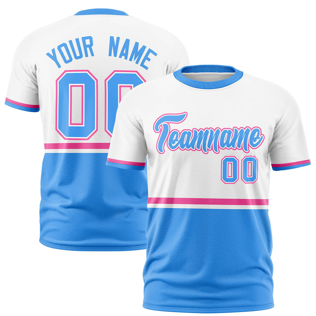 Custom White Pink-Powder Blue Crew neck Color Block Design Performance T-Shirt