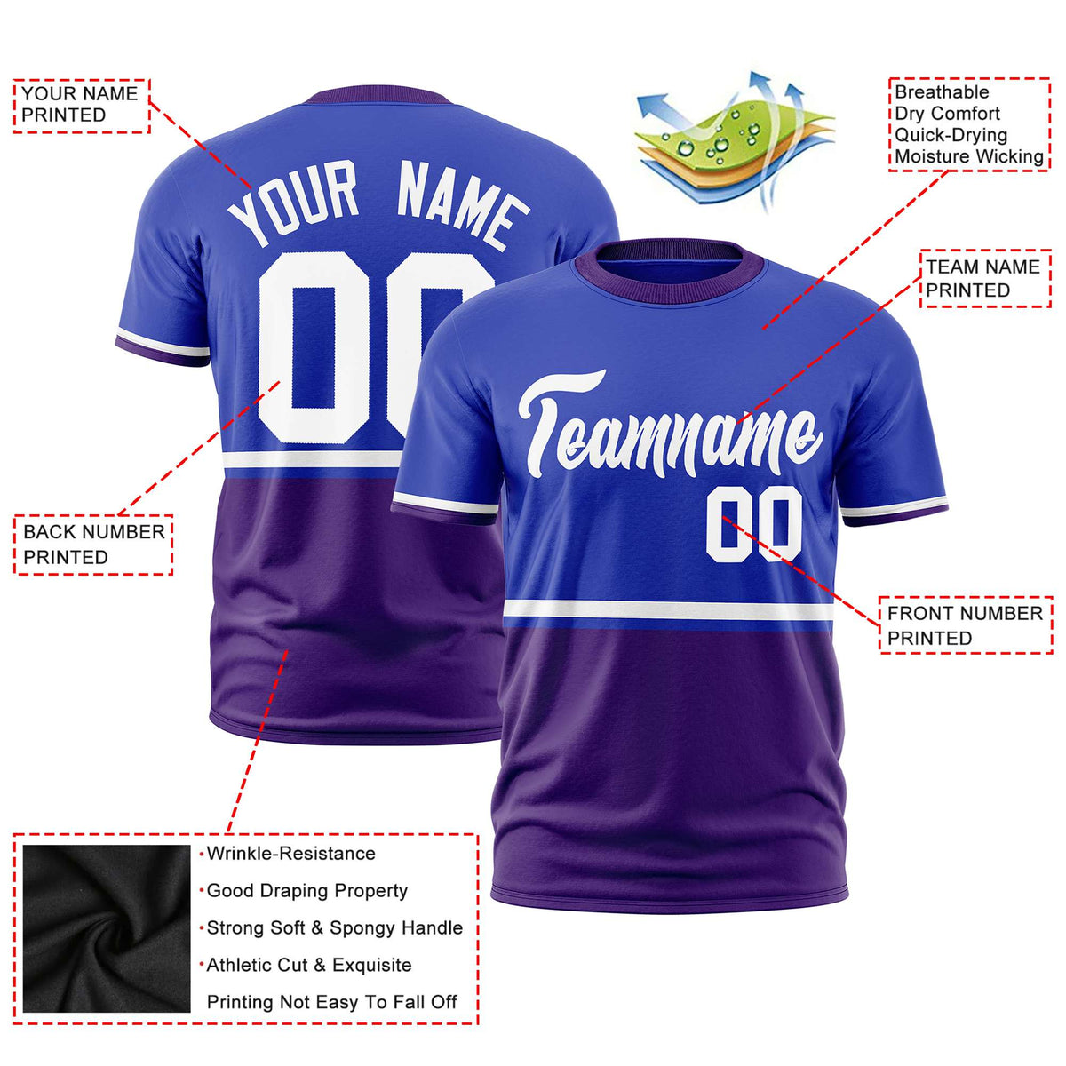 Custom Royal Blue White-Purple Crew neck Color Block Design Performance T-Shirt