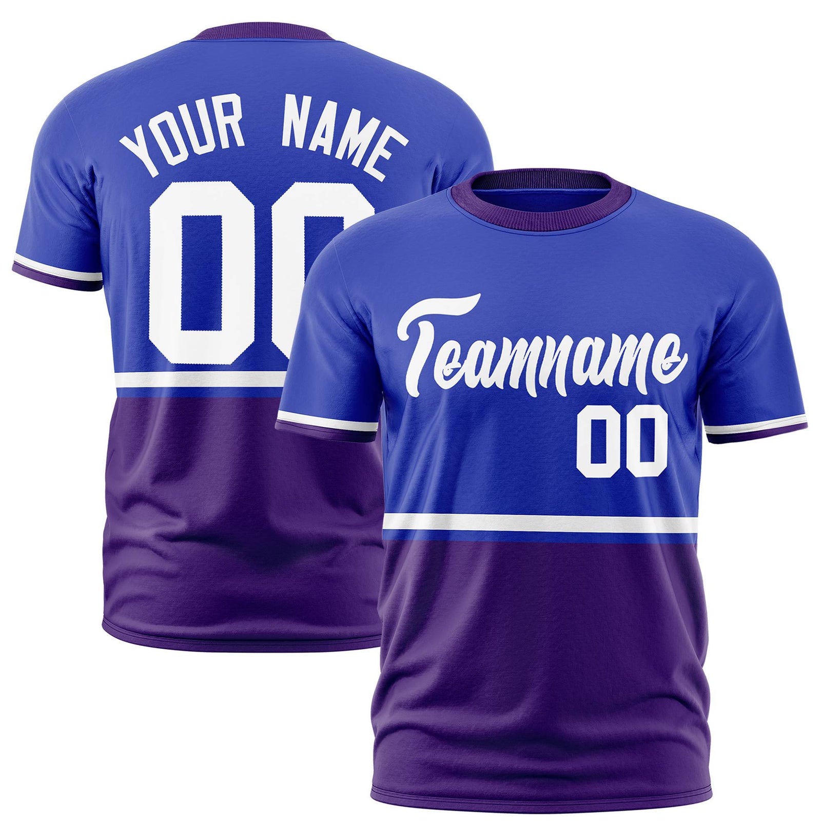Custom Royal Blue White-Purple Crew neck Color Block Design Performance T-Shirt