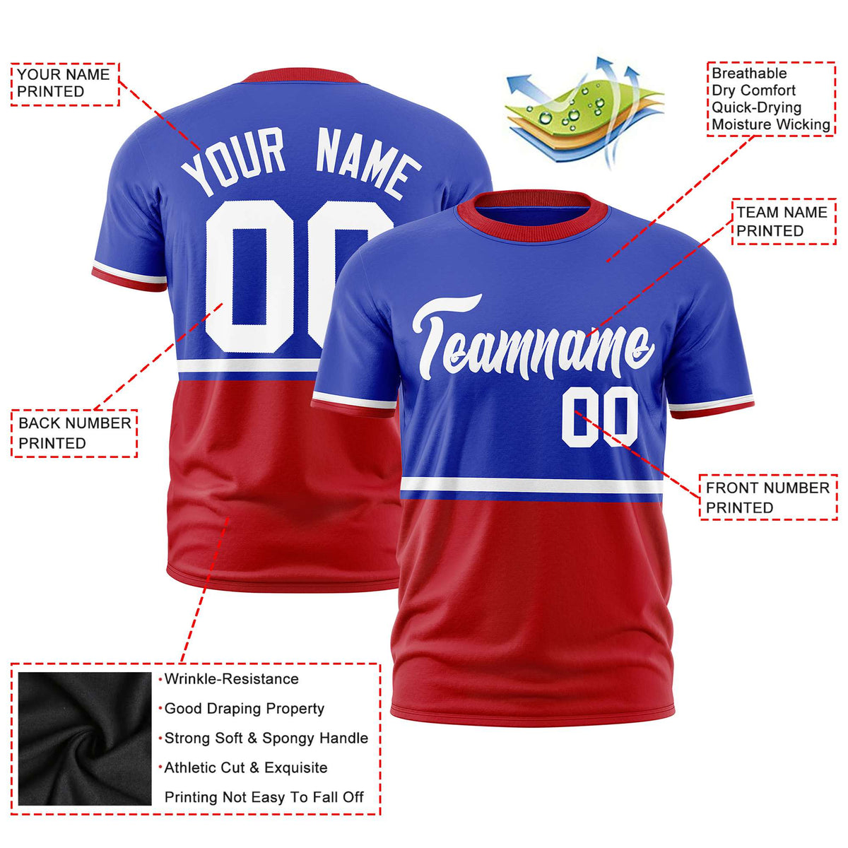 Custom Royal Blue White-Red Crew neck Color Block Design Performance T-Shirt